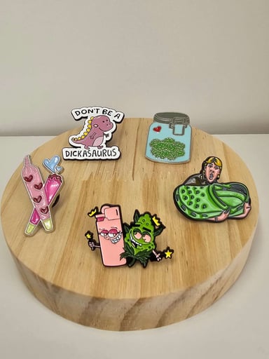 Preview pic of Funny Stoner Enamel Pin Set – 5-Piece Stoner Humor Pins / Backpack & Jacket Accessories