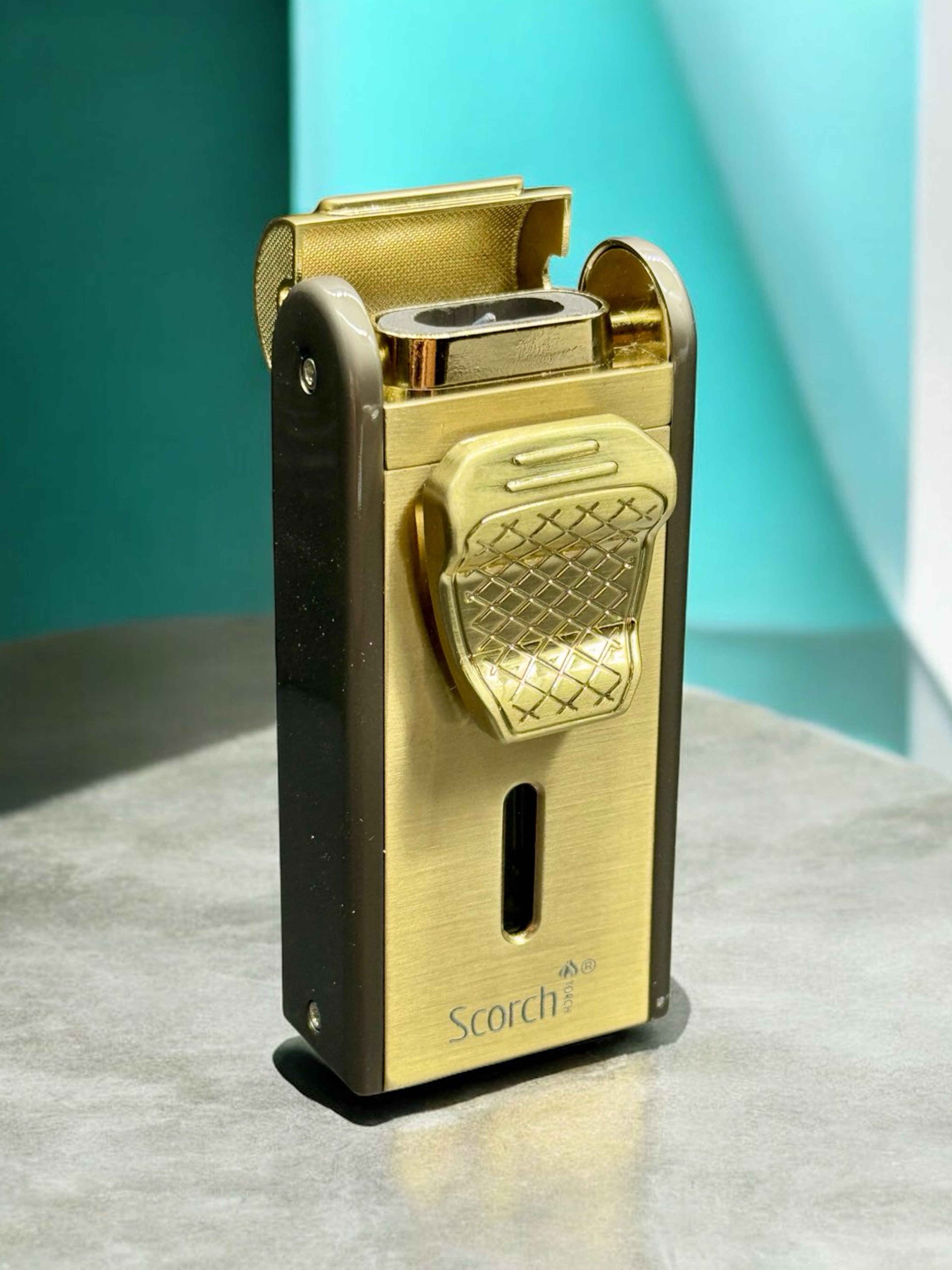 Preview pic of Gold/Grey Scorch Torch 61816 – Double Flame Metal Lighter w/ Cigar Cutter & Punch (3.3”)