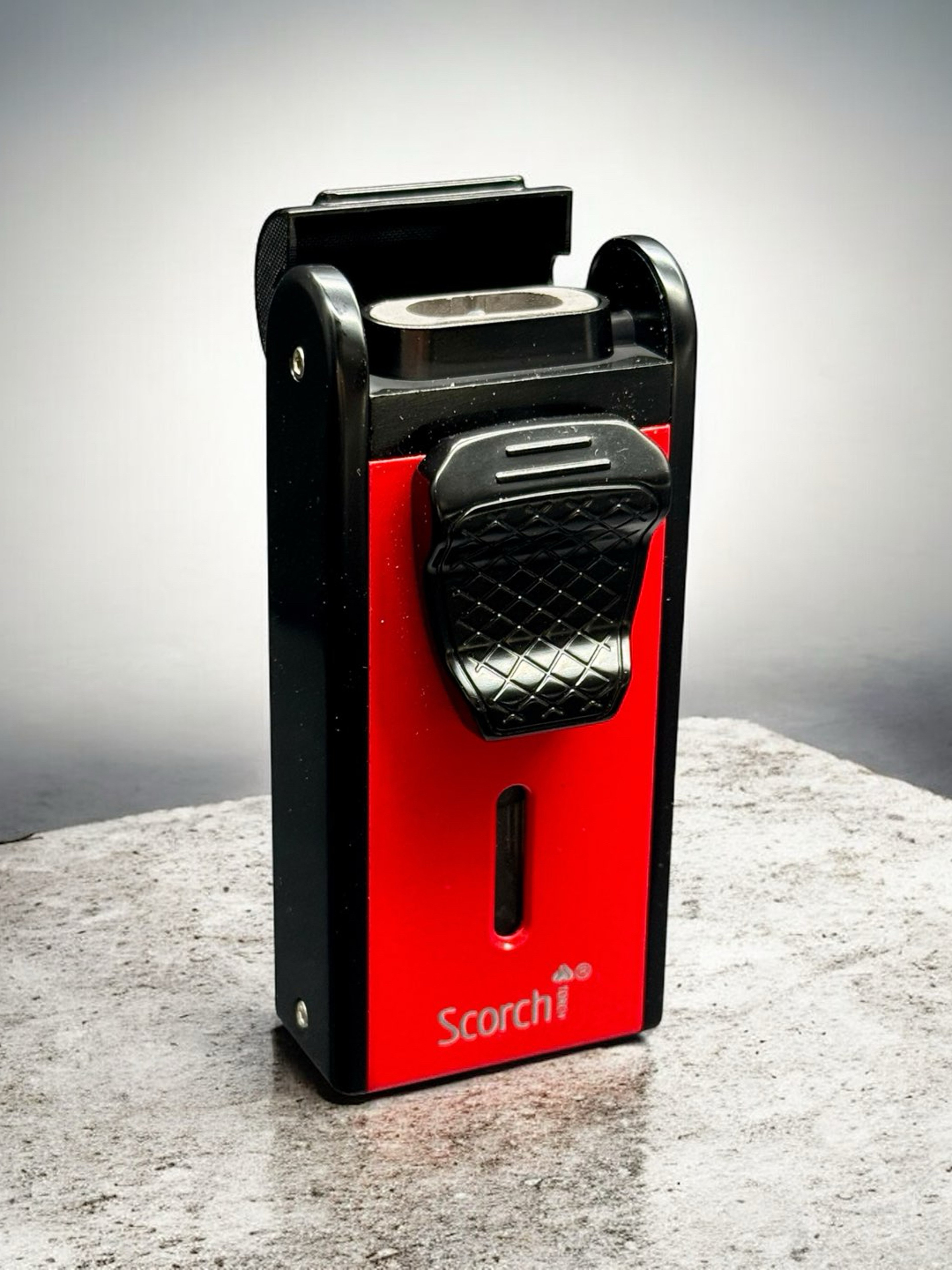 Preview pic of Red/Black Scorch Torch 61816 – Double Flame Metal Lighter w/ Cigar Cutter & Punch (3.3”)