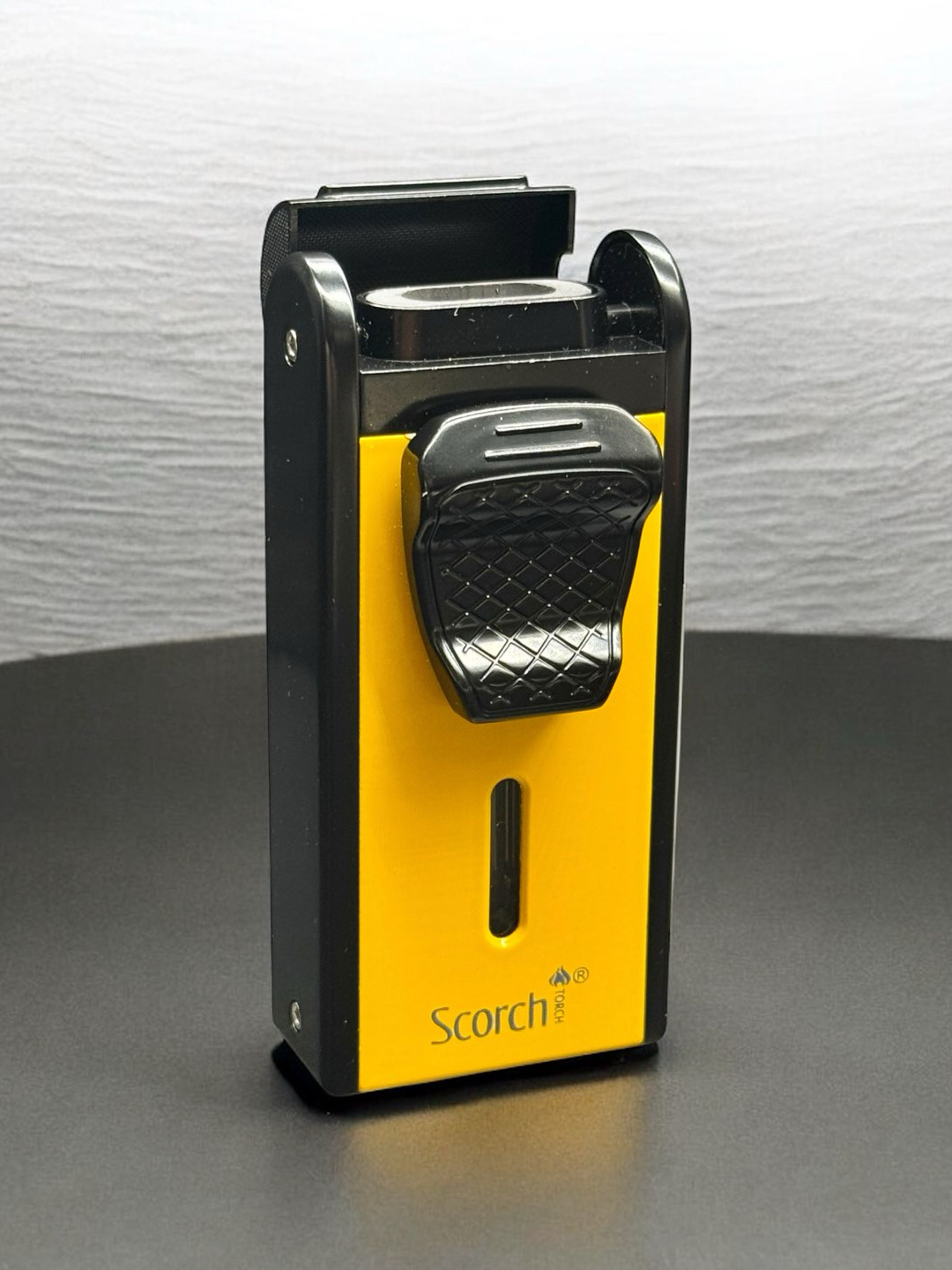 Preview pic of Yellow/Black Scorch Torch 61816 – Double Flame Metal Lighter w/ Cigar Cutter & Punch (3.3”)