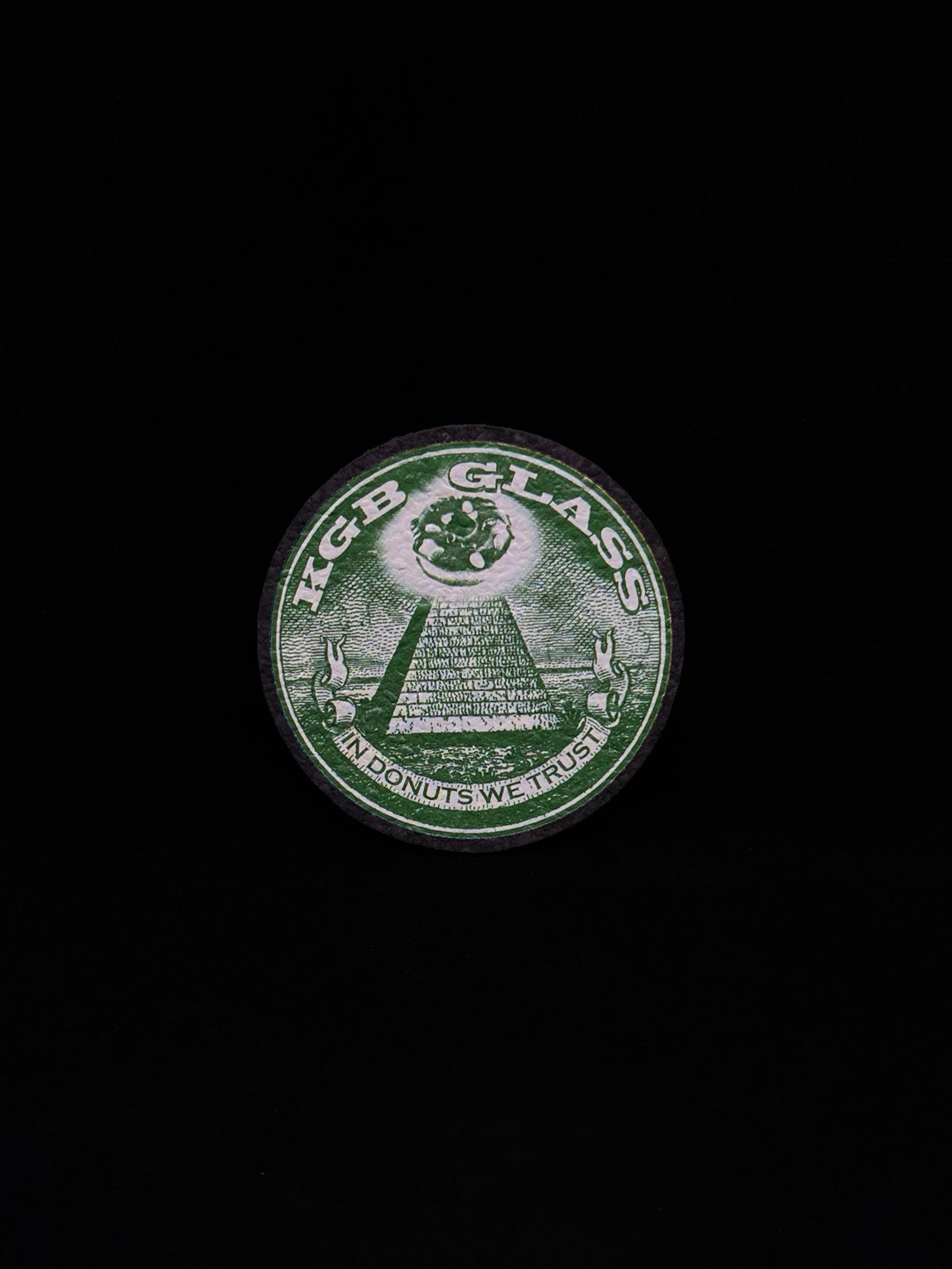 Preview pic of SIGNED In Donuts We Trust 5” Round Mat by KGB Glass x Moodmats