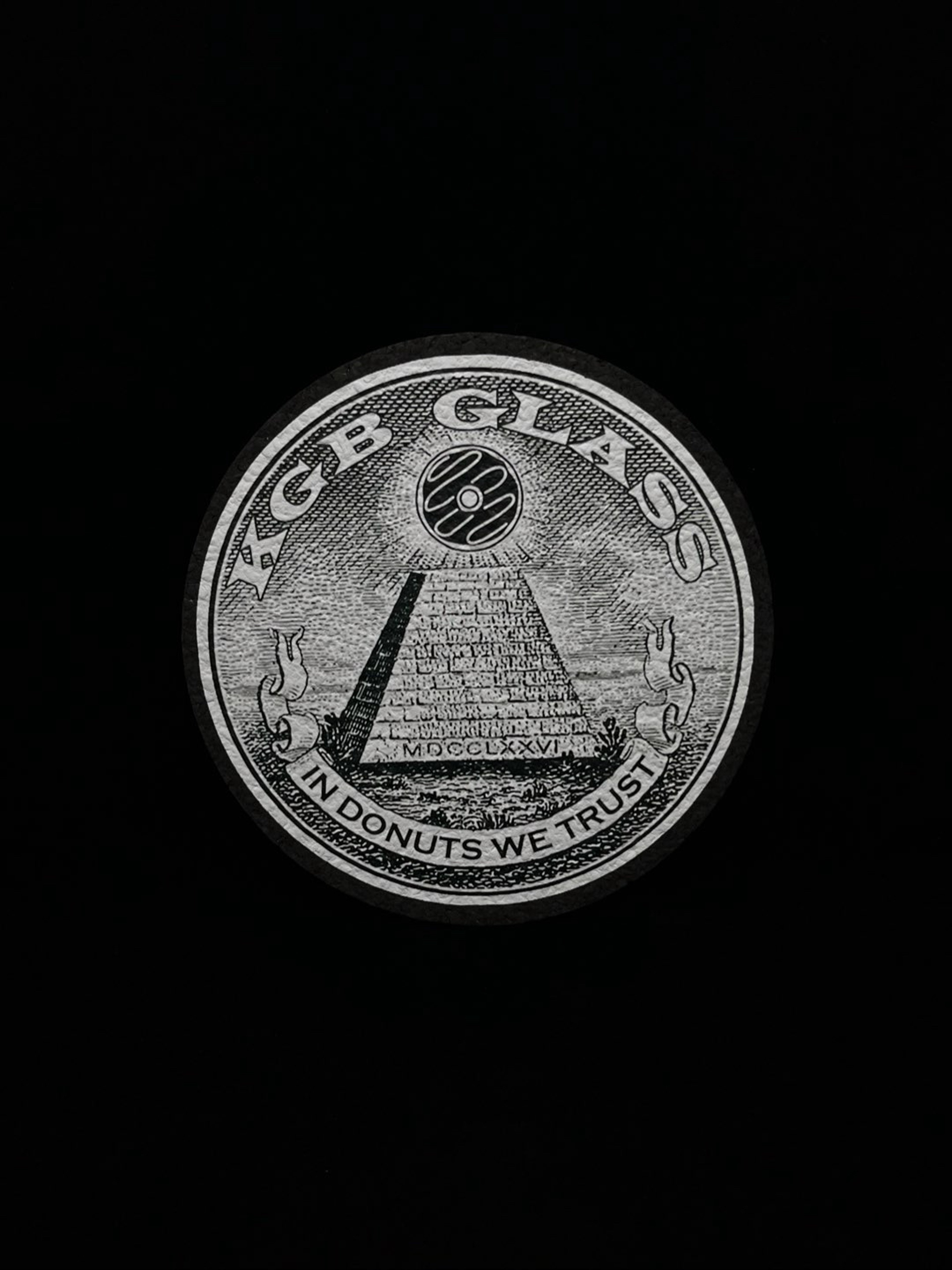 Preview pic of SIGNED In Donuts We Trust Grey Variant 8” Round Mat by KGB Glass x Moodmats an