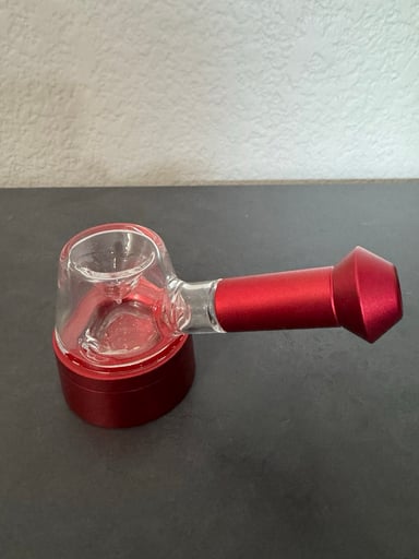 Preview pic of Masterdam glass bowl spoon pipe with aluminum storage base (Red Color)