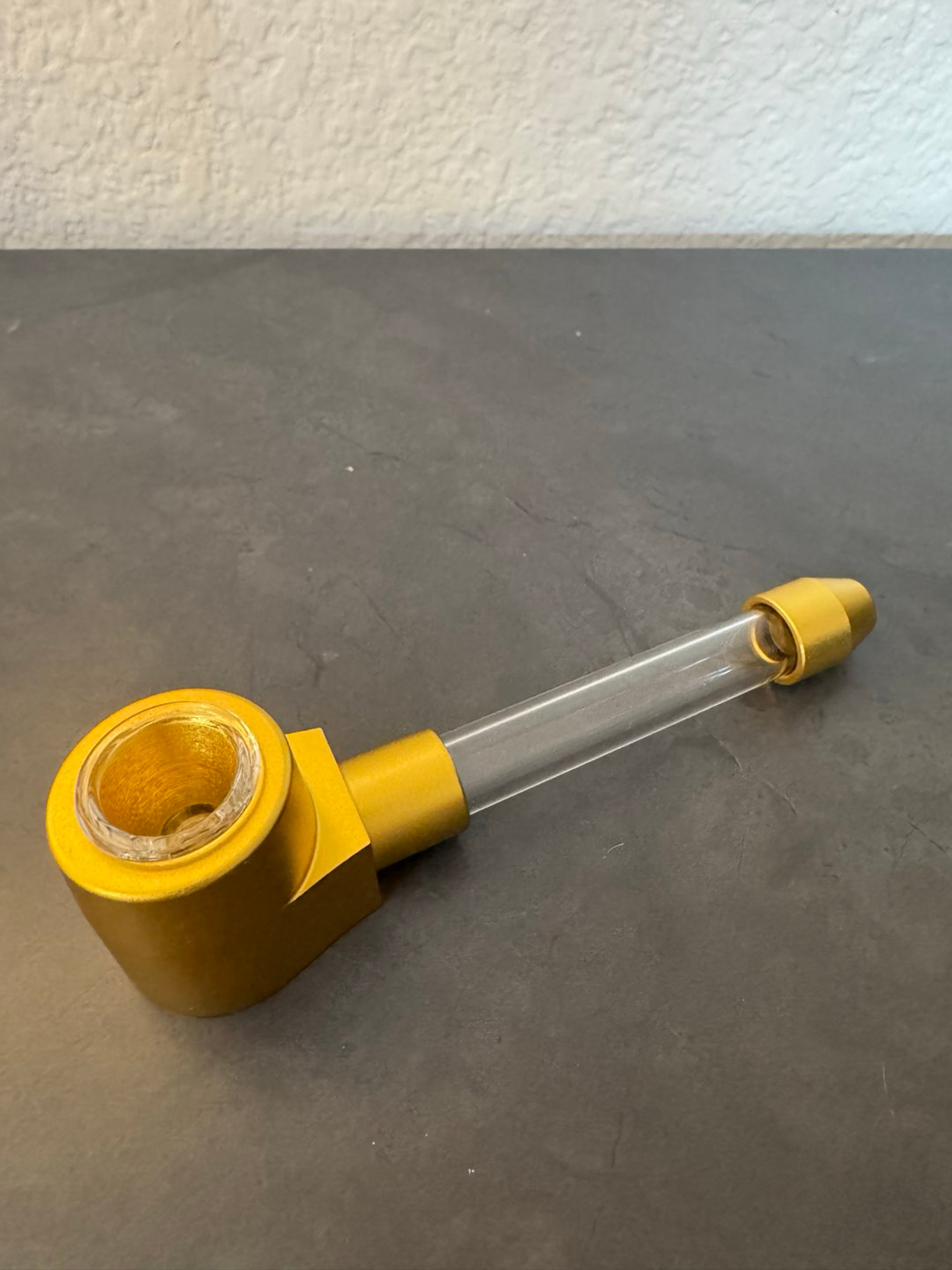 Masterdam hand pipe with a glass bowl and aluminum mouth tip (Gold Color) image 0
