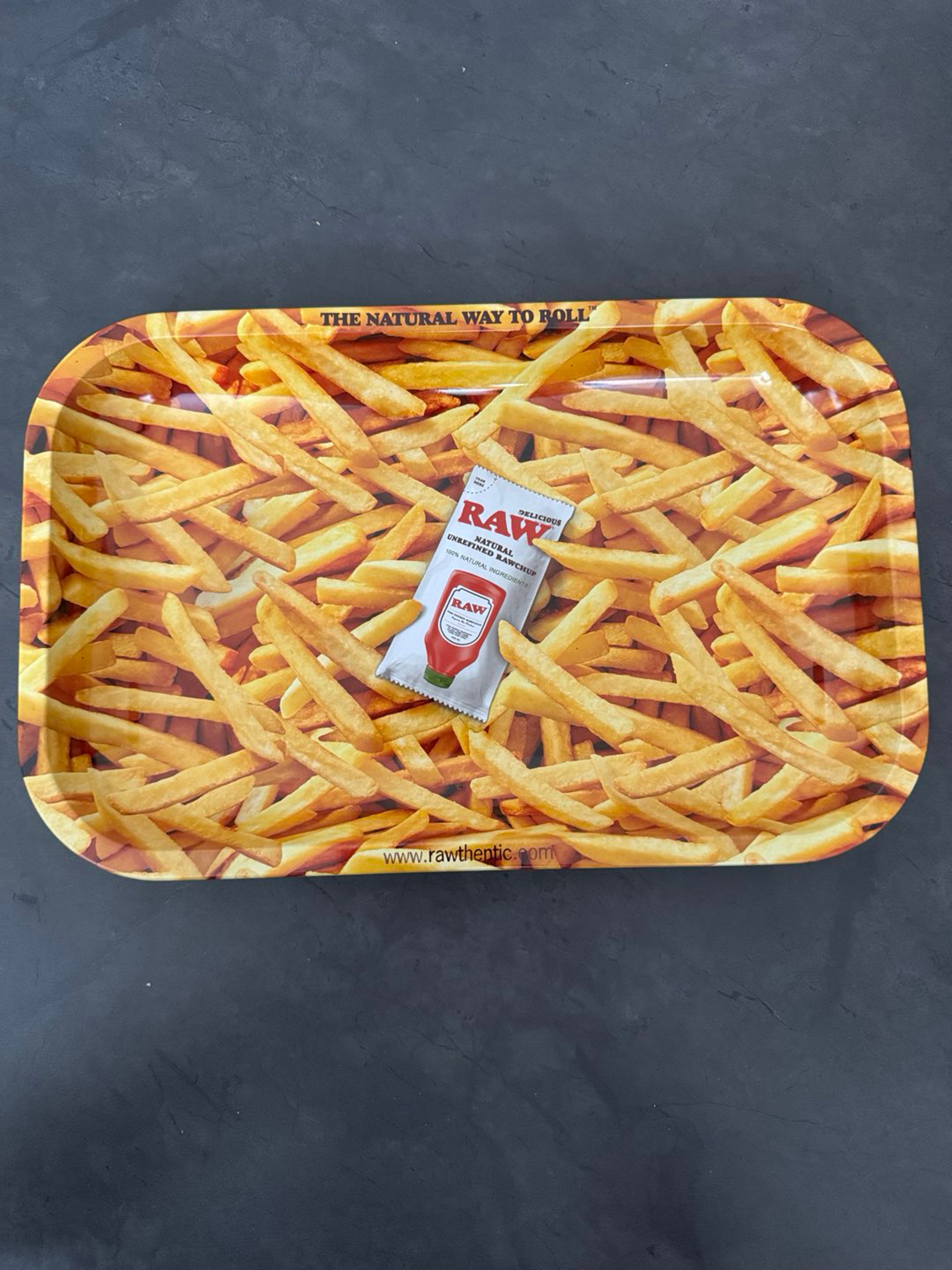 Preview pic of Raw French Fries small metal rolling tray 10.8”X7”X1”