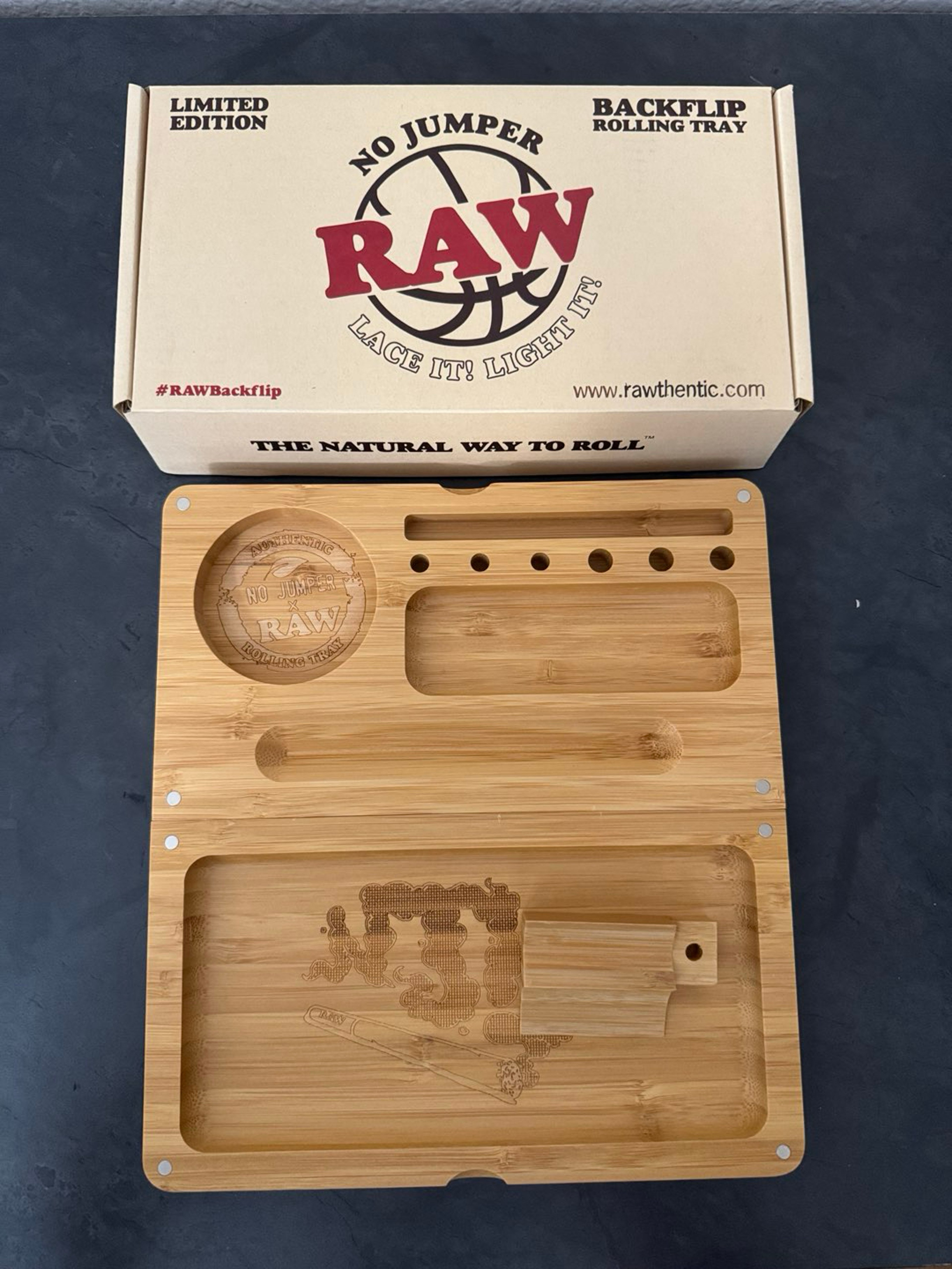 Raw No Jumper limited edition wooden backflip rolling tray 8.5”X9.5” image 0