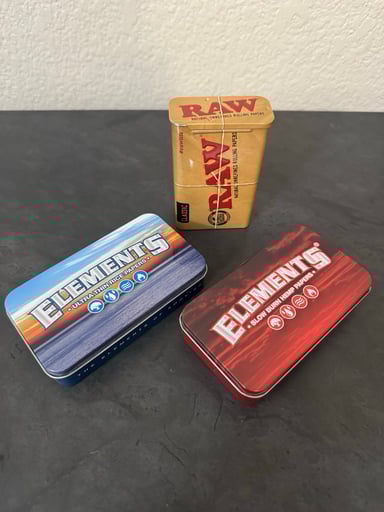 Preview pic of 3 Small metal storage tins (1 Raw, 1 Elements 1 Red Elements)