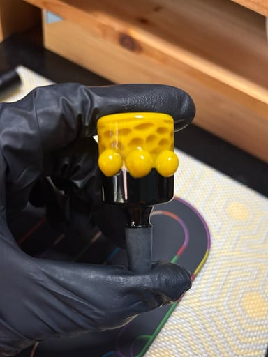 Preview pic of 10mm / 8 hole Yellow Honeycomb Black Fritted Bowl Slide