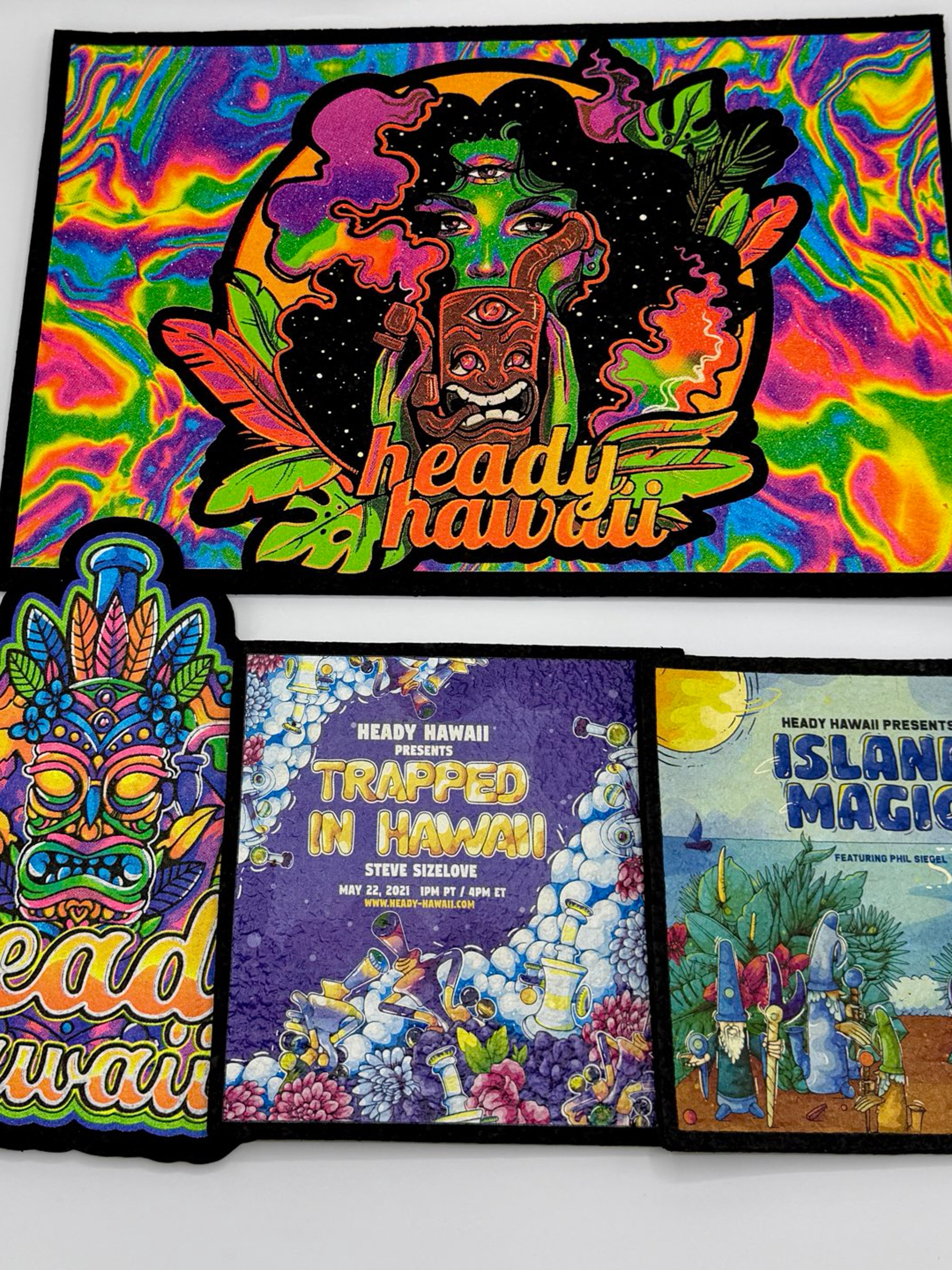 Preview pic of LOT OF 4 Moodmat - Heady Hawaii “UV Tie Dye Spooky Girl” & “UV Tiki” - Steve Sizelove “Trapped in Hawaii” - Phil Siegel “Island Magic Wizard”