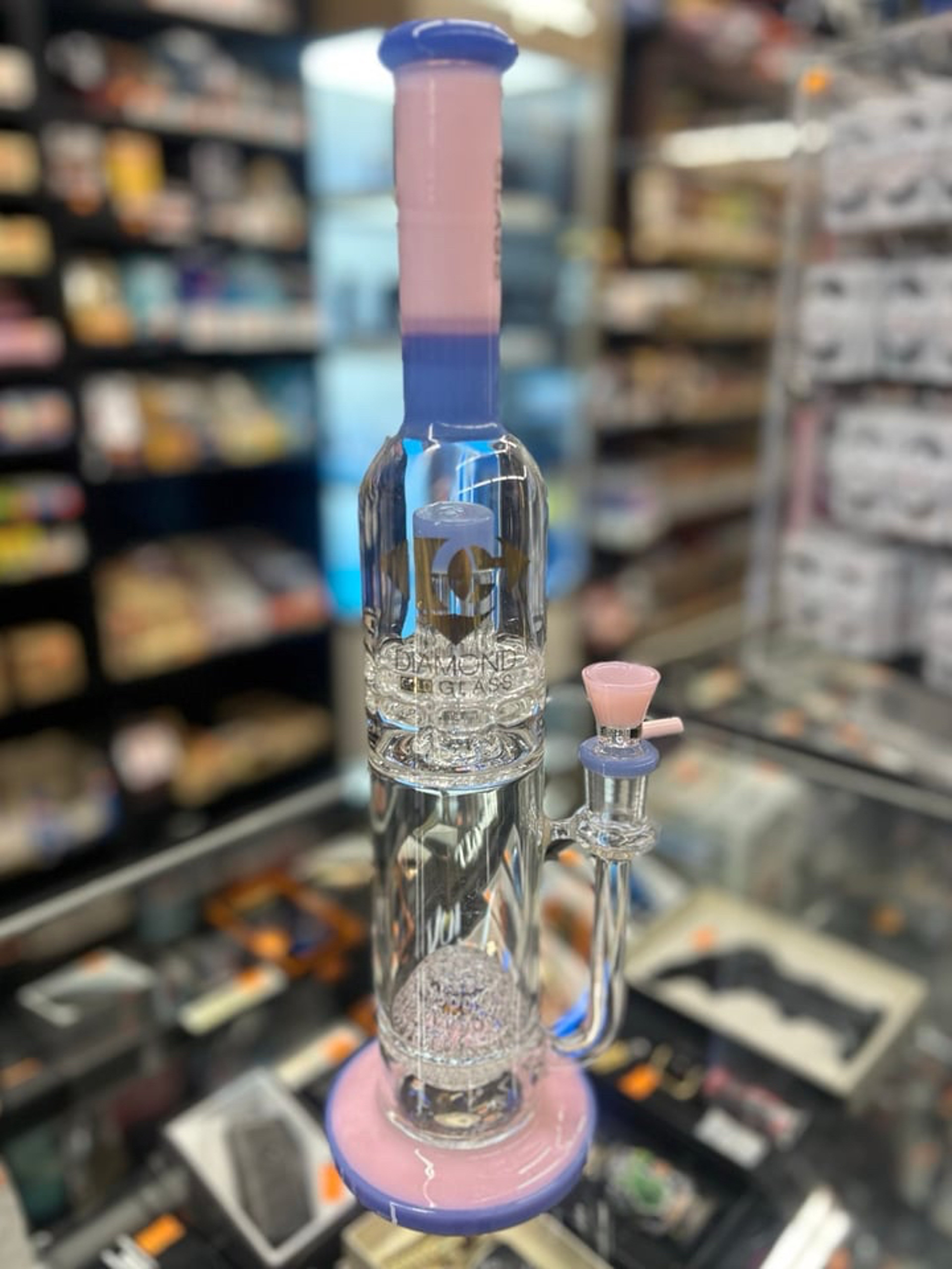 Preview pic of Diamond Glass Gold 16” Two Chamber Bong Honeyglobe & Double Stacked Ratchet Percs