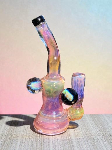 Preview pic of 7.5" tall Rig, 3-hole 24kGold & .999Silver Fume with 2 Fumed Marbles + JetBlack accents & Pink Slyme by Mustard Glass