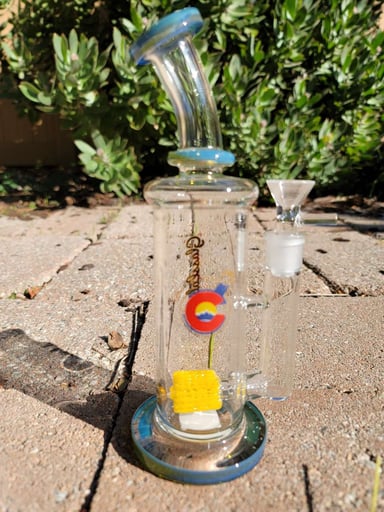 Preview pic of Glasslab 303 Yellow Lattice Percolator 14mm w/ Blue Accents