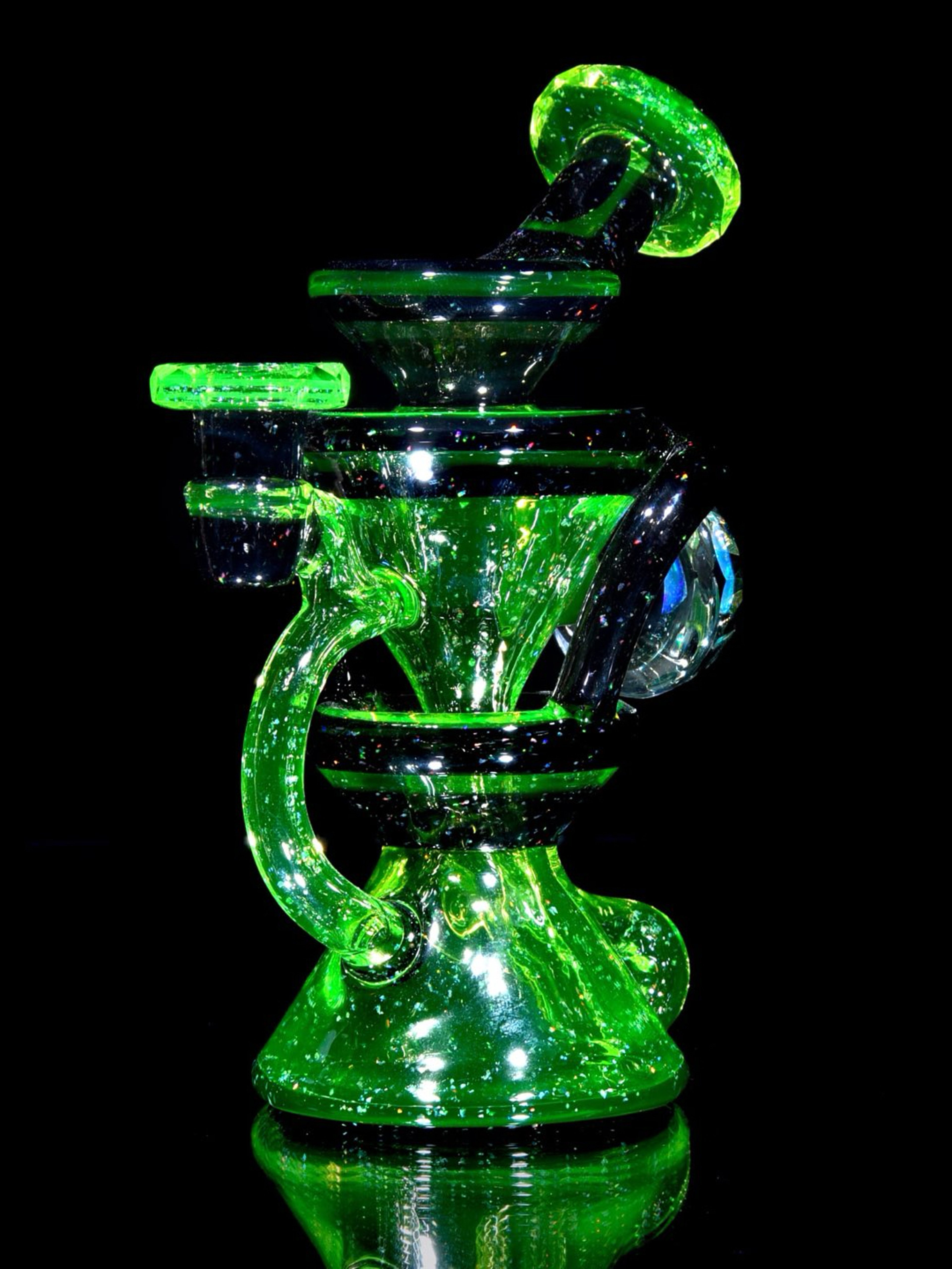 Preview pic of Capt’n Cronic - UV Reactive Faceted Two & Through Double-uptake Floating Recycler - Full Crushed Opal Ion/Jet Black - 10mm Female