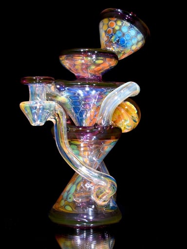 Preview pic of Jakers Glass - Fume Honeycomb/Gold Amethyst Double-Uptake Klein Recycler w/ Fume Opal Mib - 10mm Female