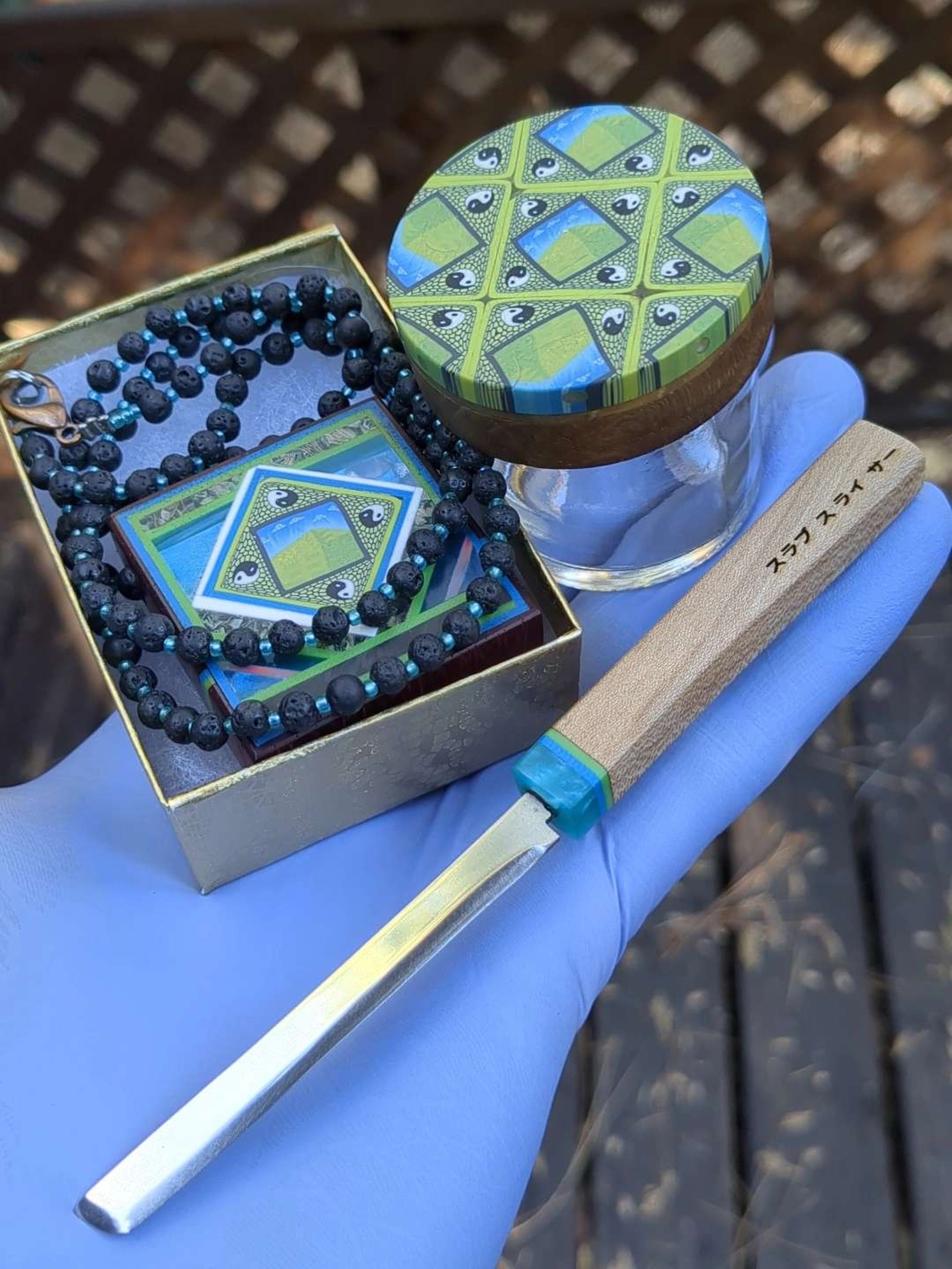 Preview pic of Slabslicer710 numbered series heady tile pendant # 2 with matching jar and Japanese Edition v3 traditional Katana