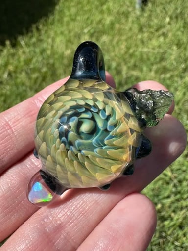 Preview pic of Opal & Moldavite Implosion Pendant Silver and Gold Fume