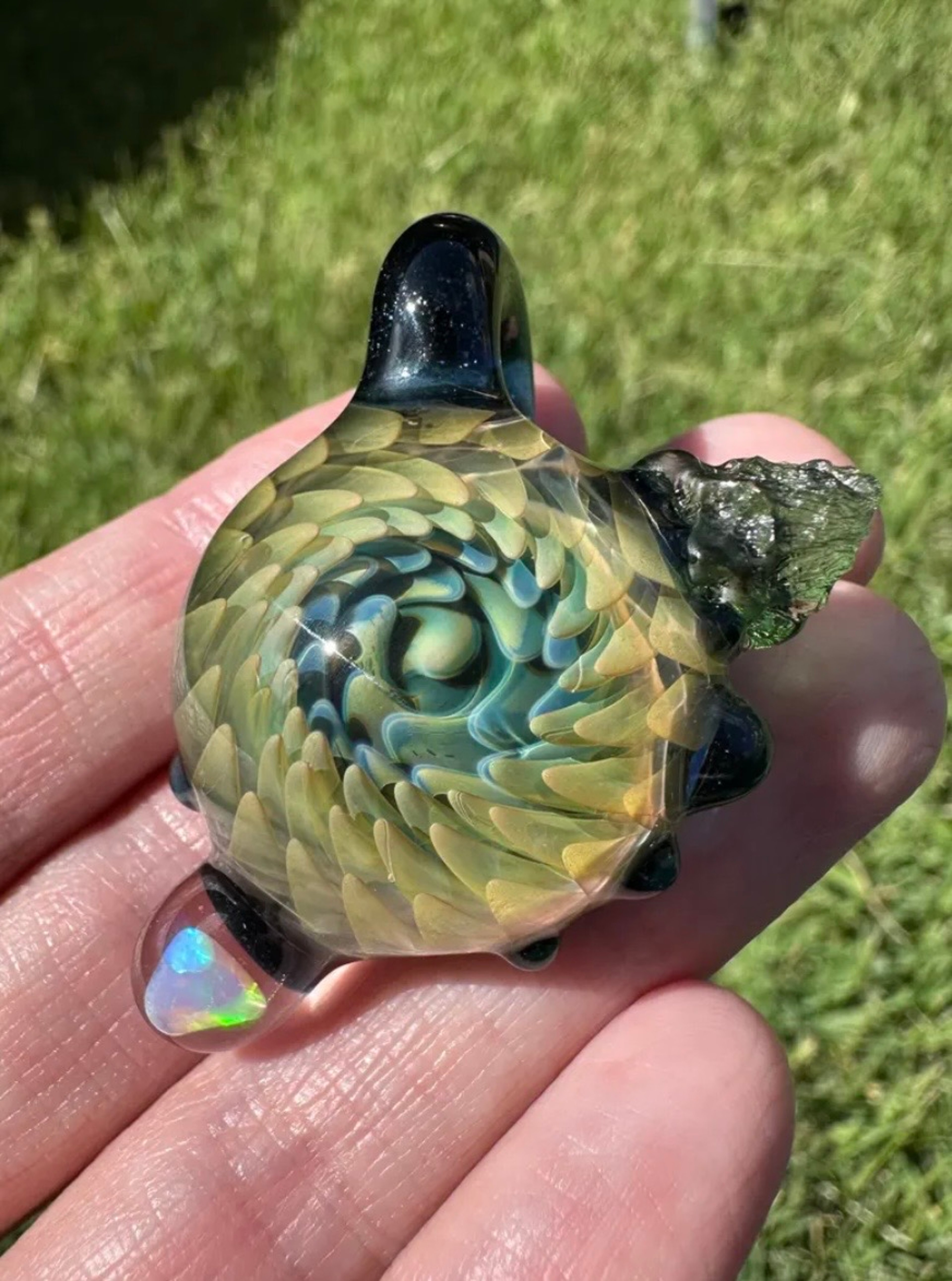 Preview pic of Opal & Moldavite Implosion Pendant Silver and Gold Fume