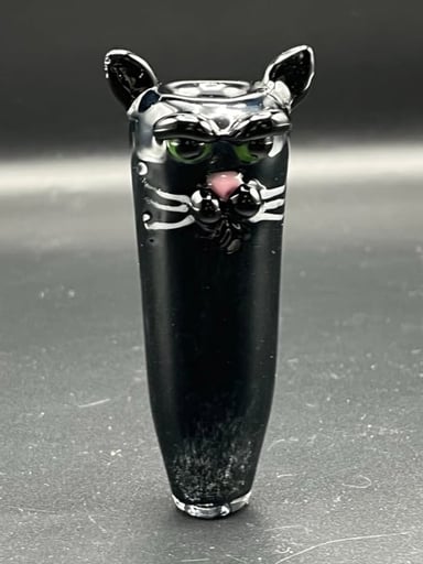 Preview pic of Black glass cat with green eyes push boel chillum.