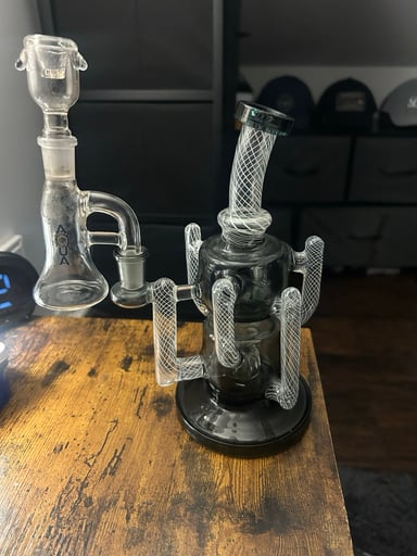 Preview pic of 9” bong with percolator by independent w/ aqua ash catcher and mob bowl piece e
