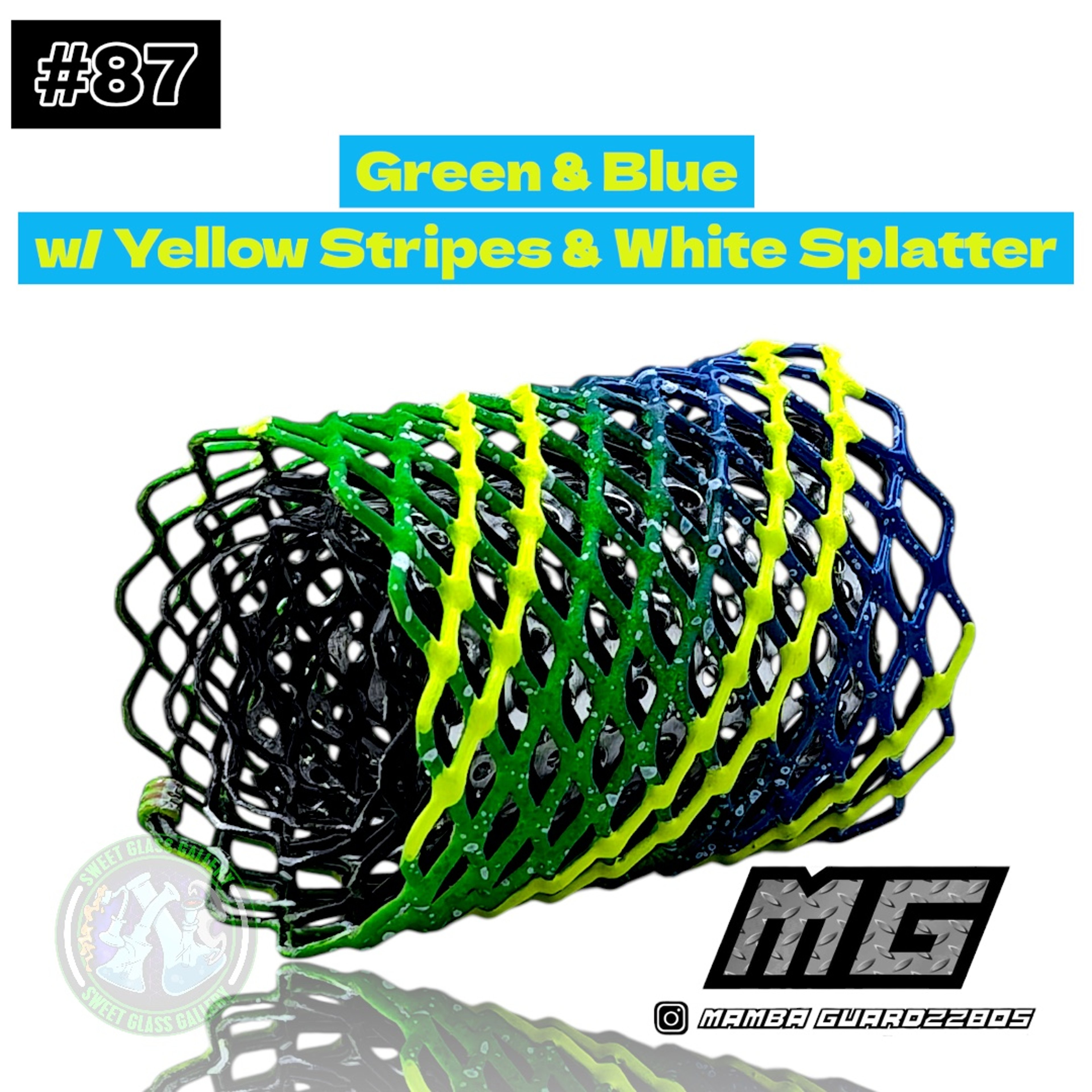 Preview pic of Mamba Guardzz - Heat Cage #87 - Blazer GT8000 Guard (Green & Blue w/ Yellow Stripes & White Splatter)
