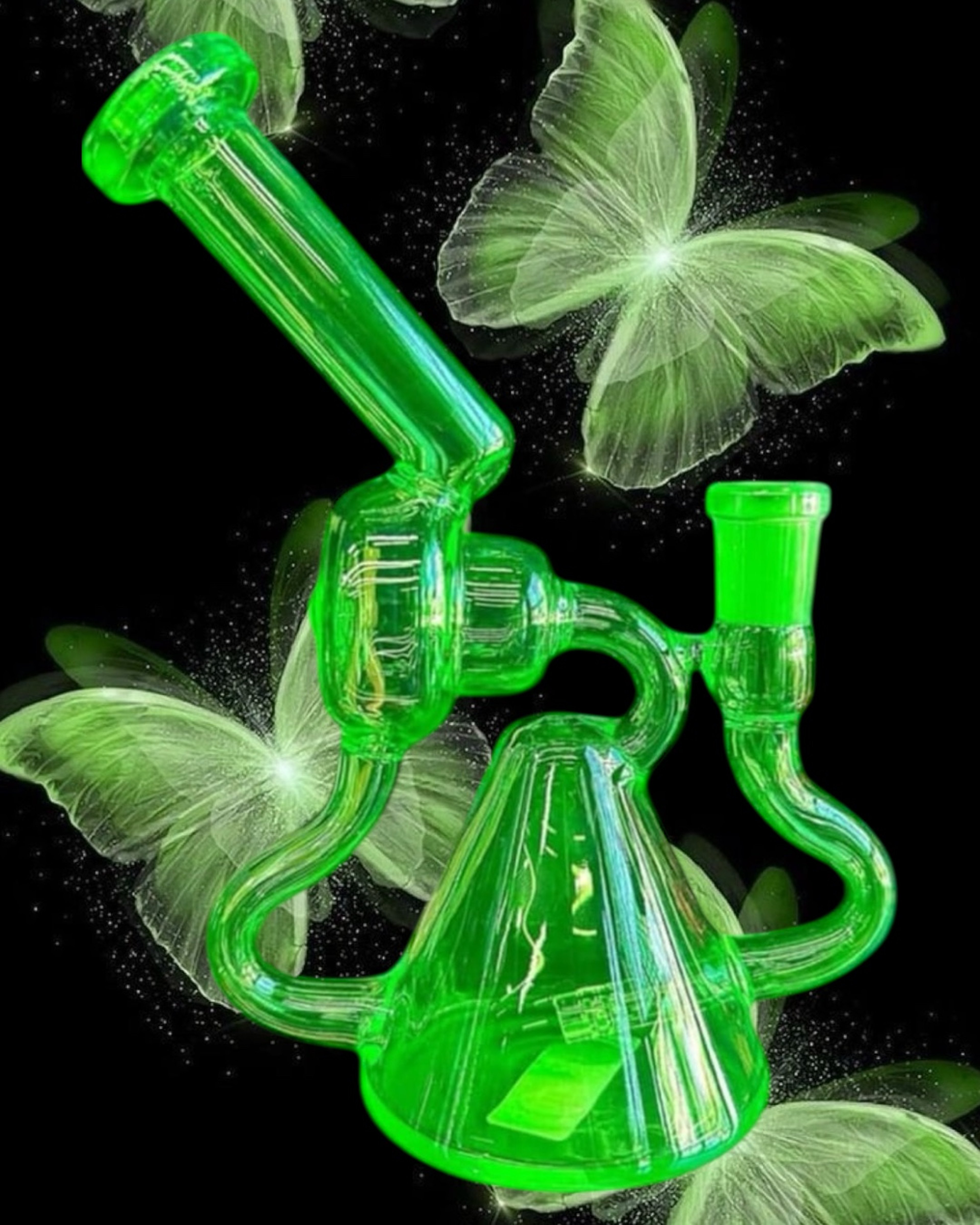 Preview pic of Solid Lime Green 💚 Recycler Bong – Pyramid & Donut Chamber Design
