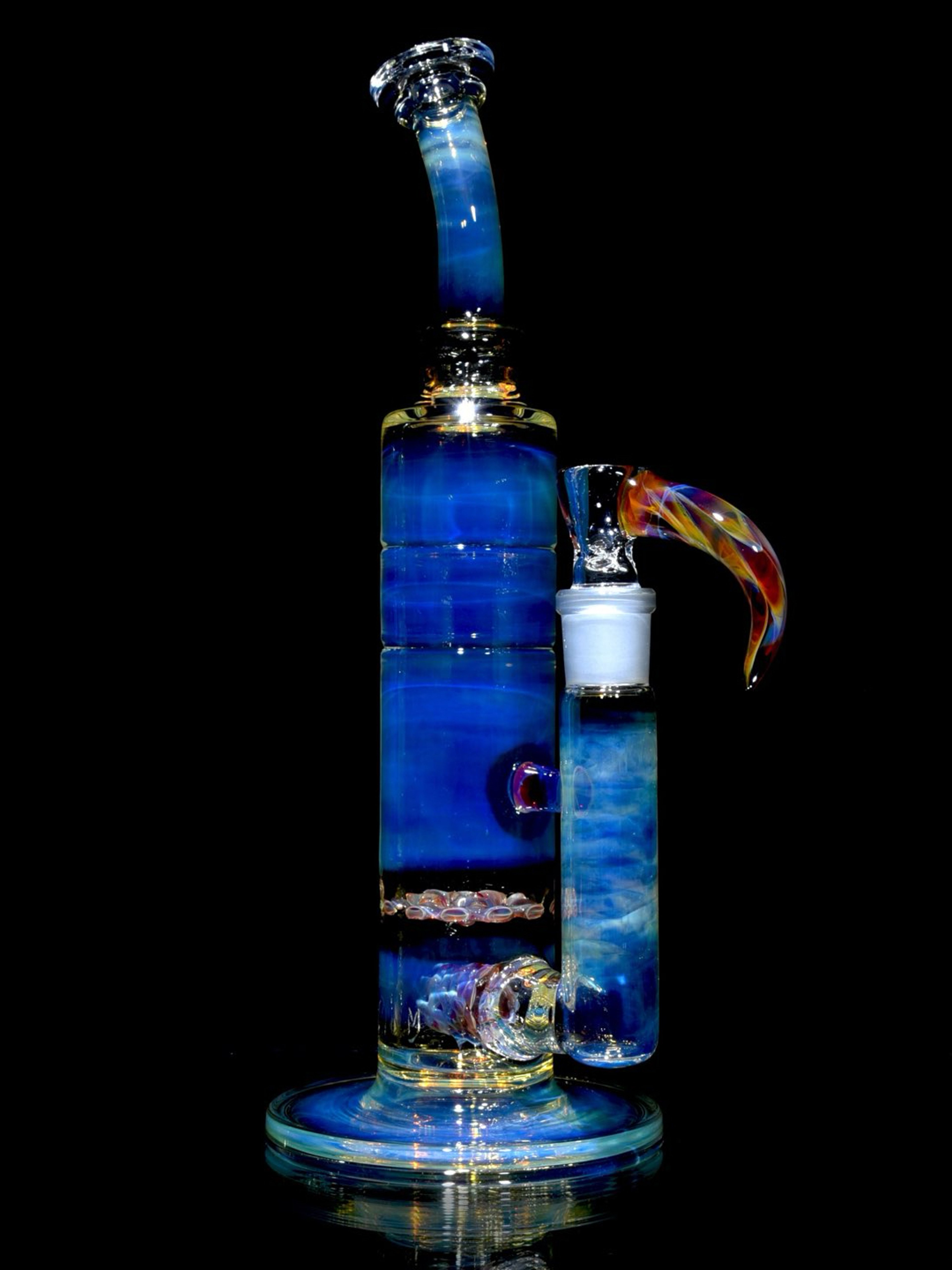 Fluid Glass - Fully-fumed & Accented Short Stack Nautilus Tube w/ 3-hole Horned Slide - Amber Purple - 18mm Female image 0