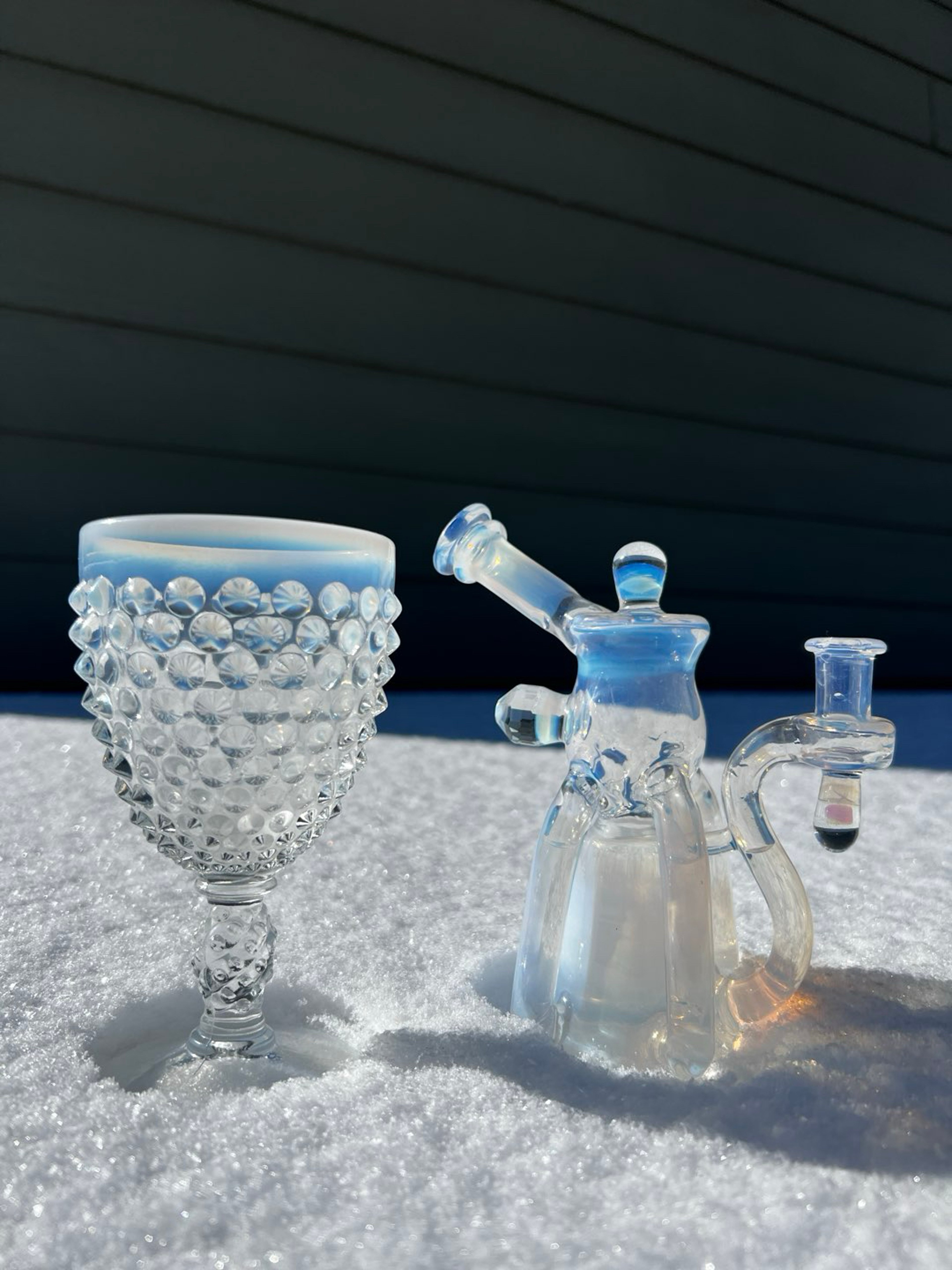 Preview pic of NJR Glass Moonstone Quad Pump w/ faceted MiB and Opal w/ goblet