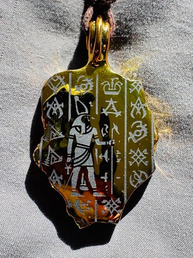 Preview pic of GREENT GLASS ARTIFACT RA PENDANT 24k gold / leather adjustable necklace