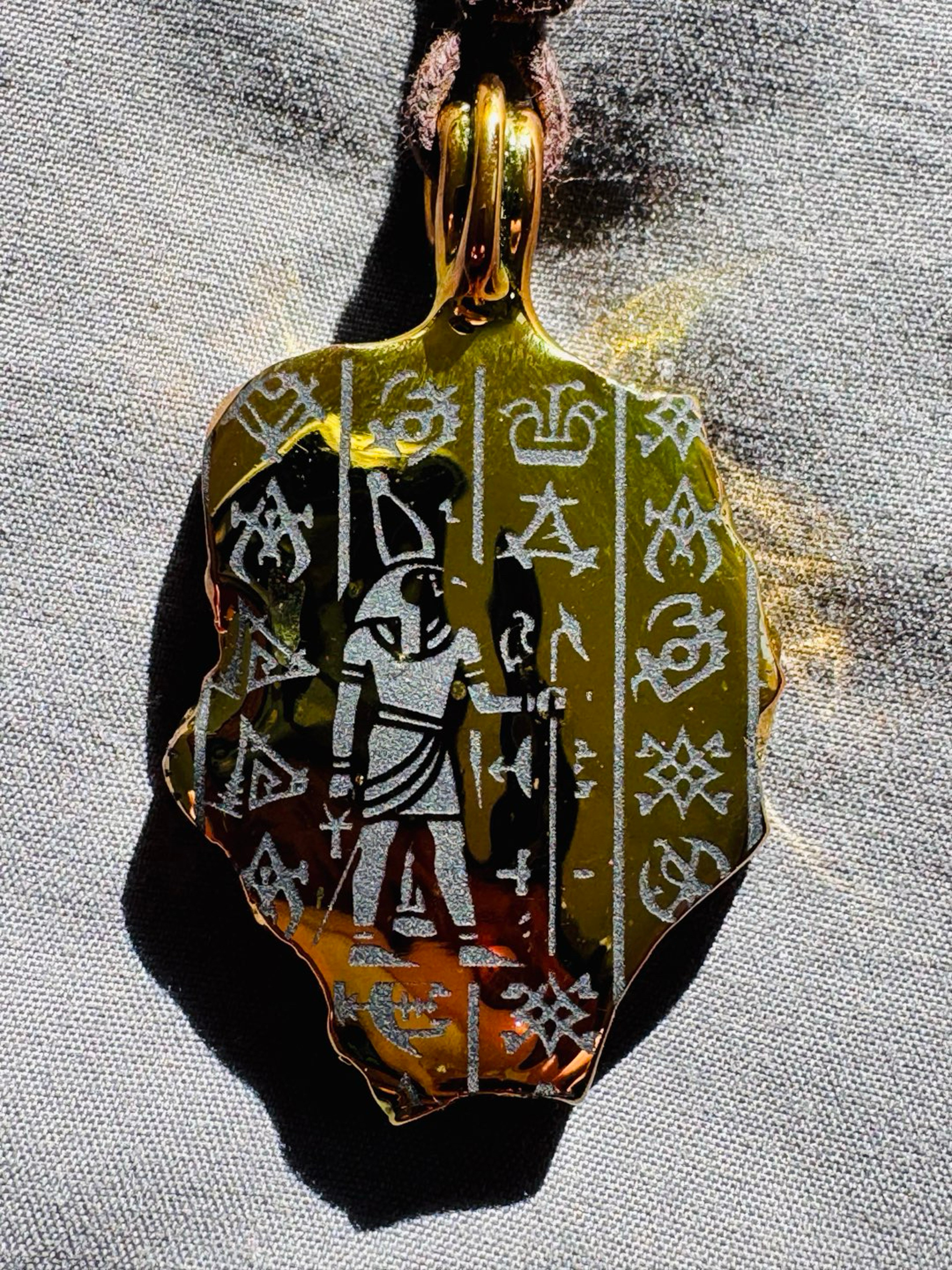 Preview pic of GREENT GLASS ARTIFACT RA PENDANT 24k gold / leather adjustable necklace