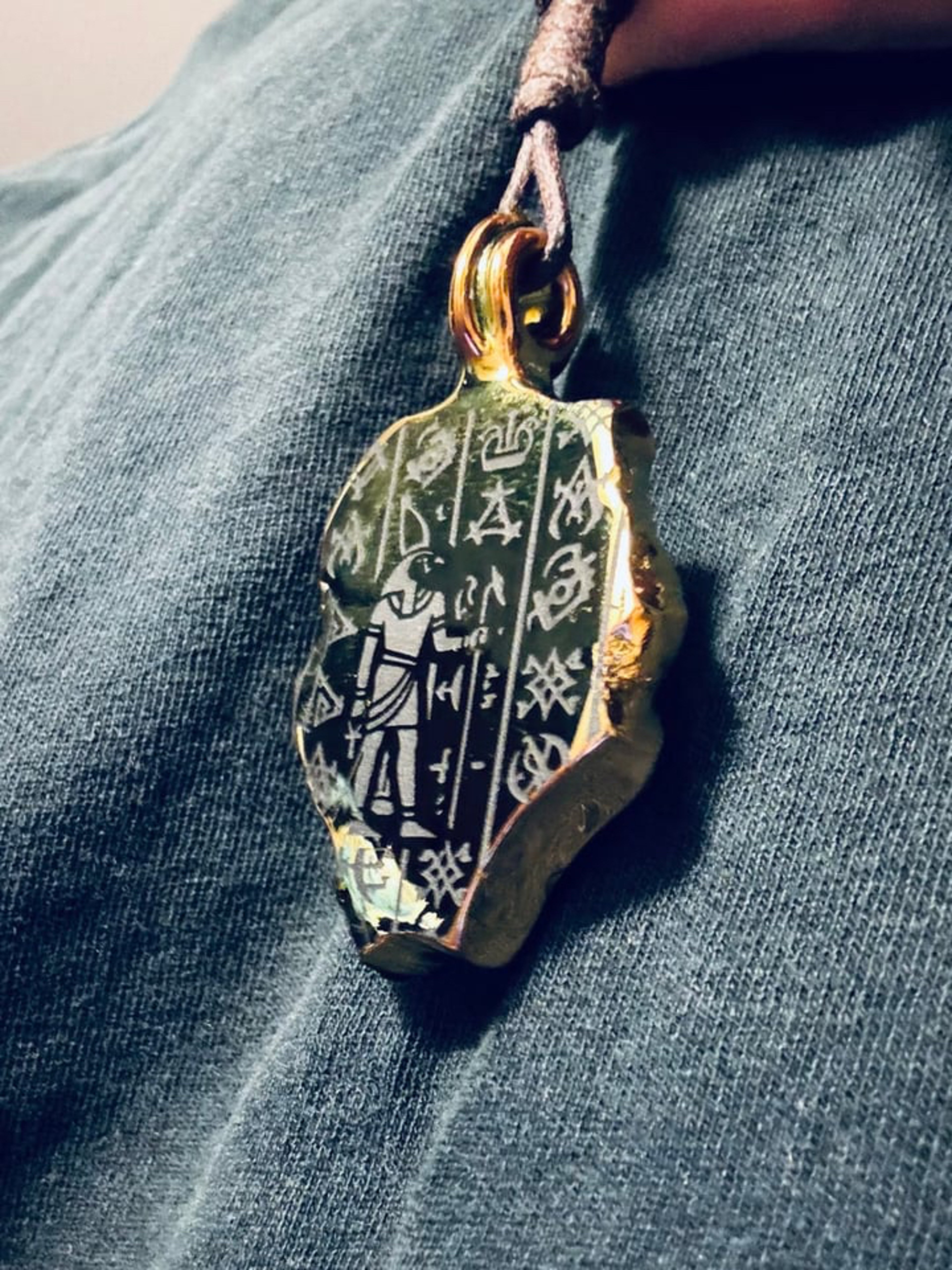 Preview pic of GREENT GLASS ARTIFACT RA PENDANT 24k gold / leather adjustable necklace