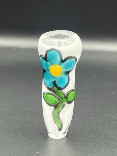 Preview pic of Push bowl chillum. Hand drawn blue flower over white.