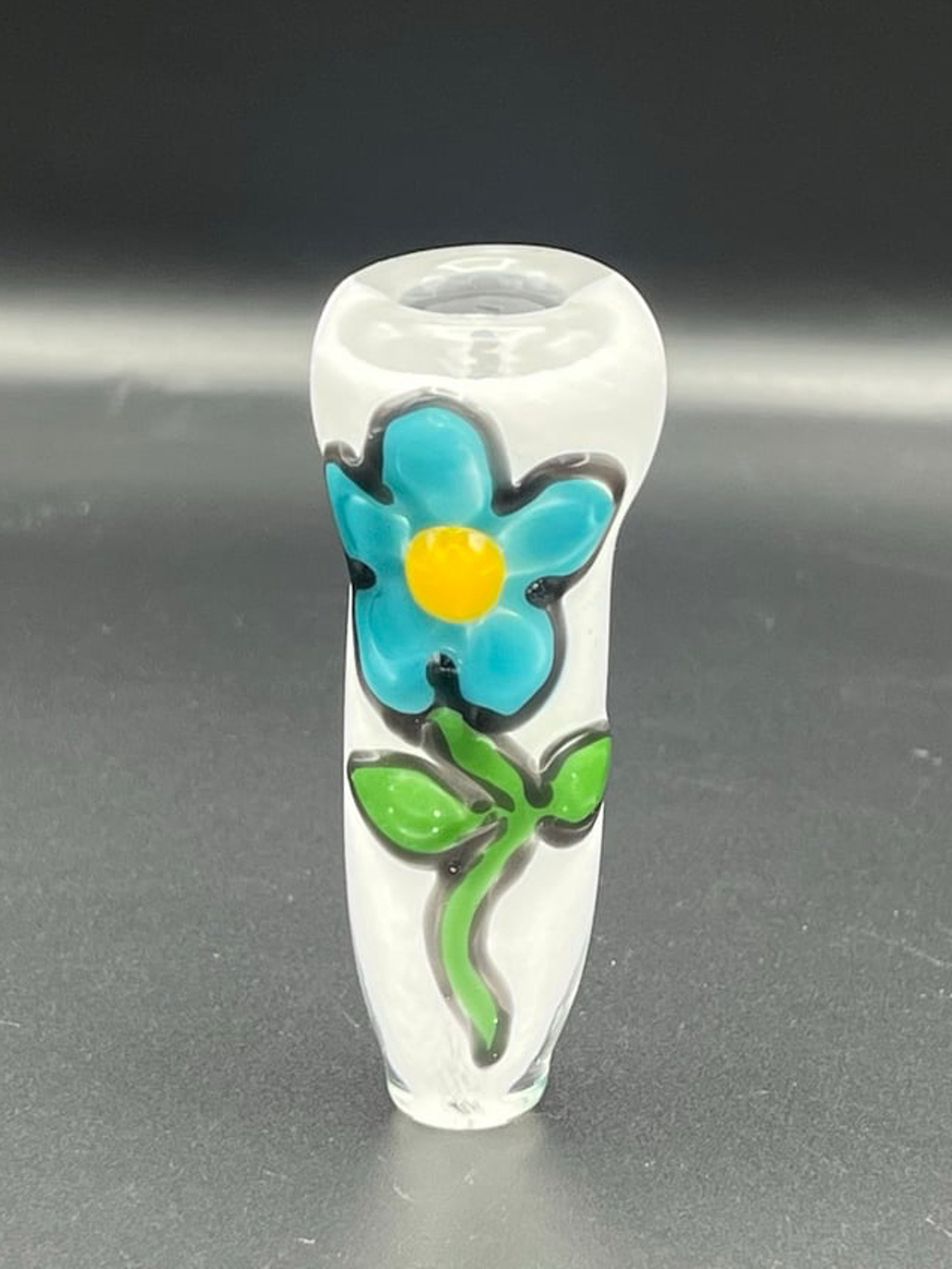Preview pic of Push bowl chillum. Hand drawn blue flower over white.