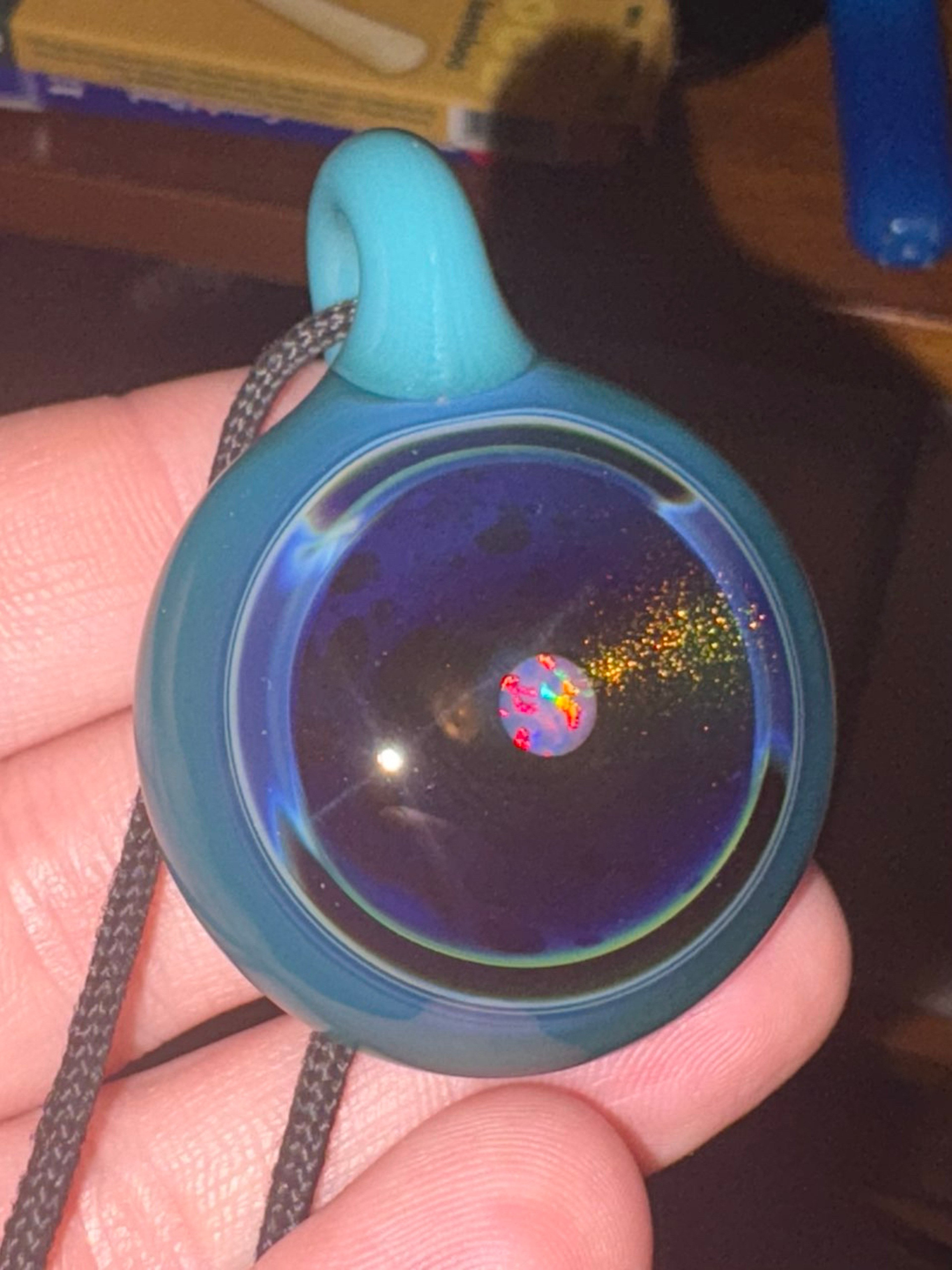 Preview pic of Kberg Opal/Dichro Pendant + Crushed Opal Glass Ring/Marble Stand!!