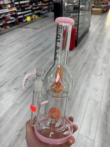 Preview pic of Eg glass double perc screened bowl 12” bong pink