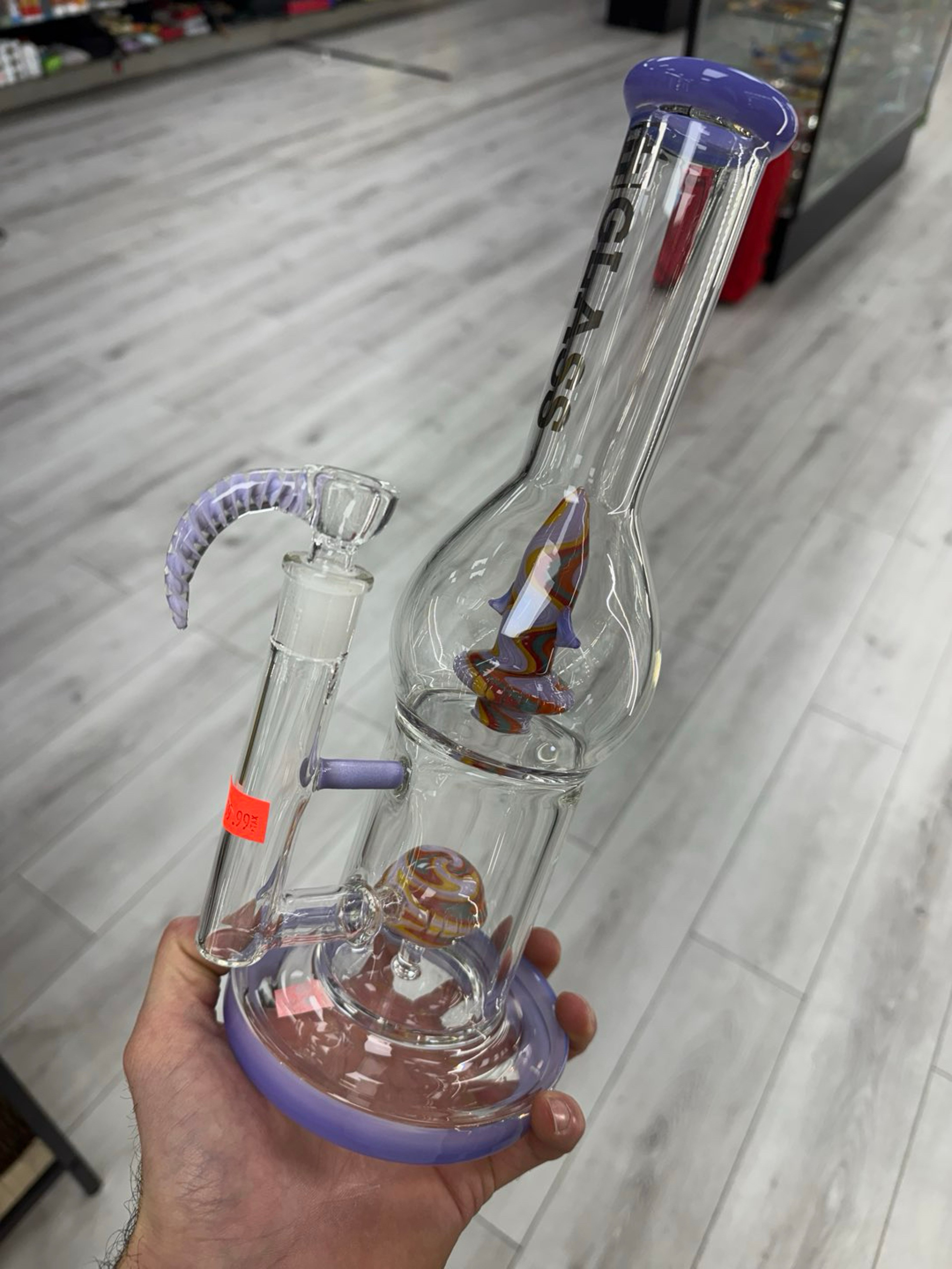 Preview pic of Eg glass double perc screened bowl 12” bong purple