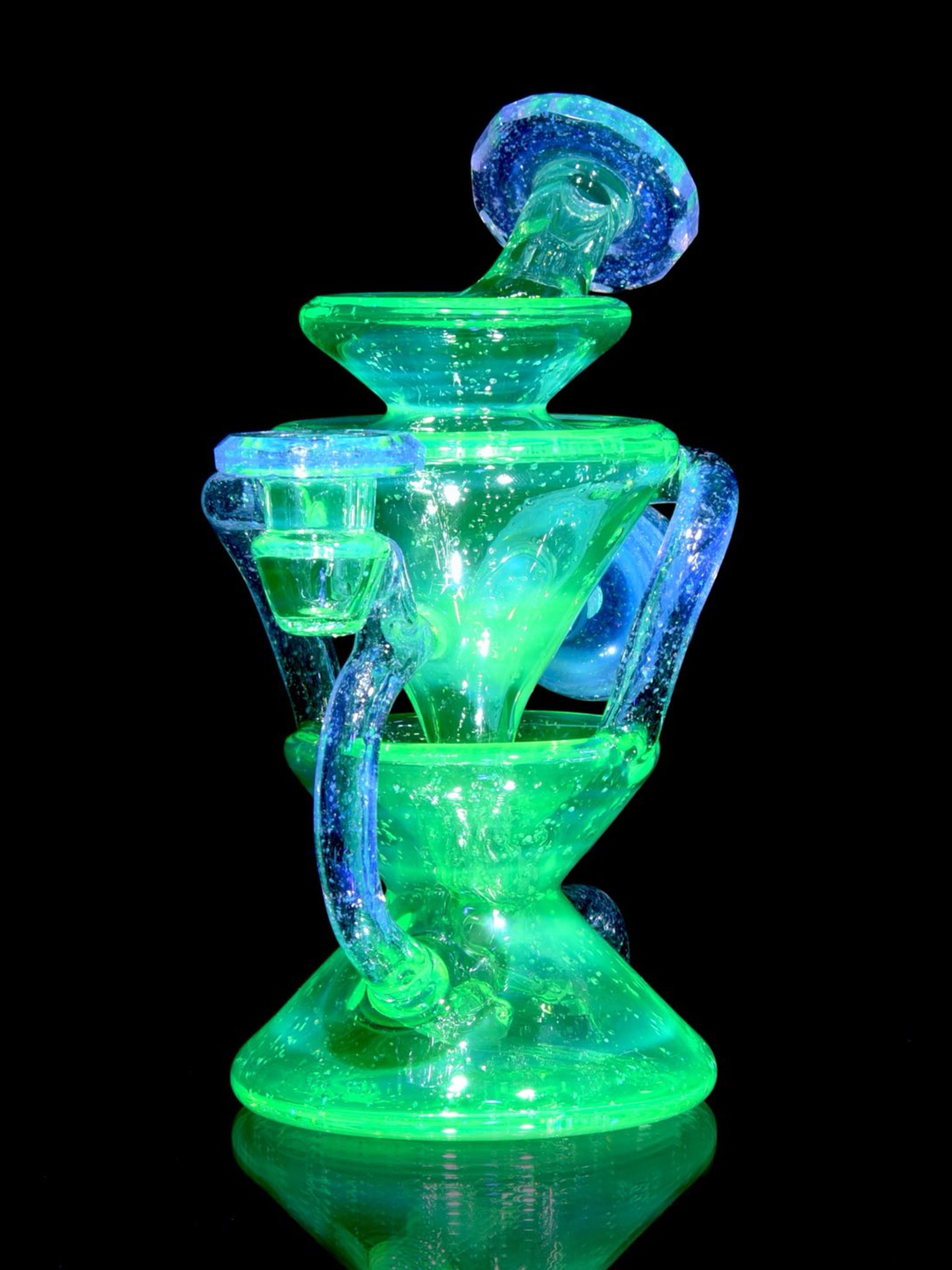 Preview pic of Capt’n Cronic - UV Reactive Faceted Two & Through Double-uptake Floating Recycler - Full Crushed Opal Ion over Meta-Terrania - 10mm Female