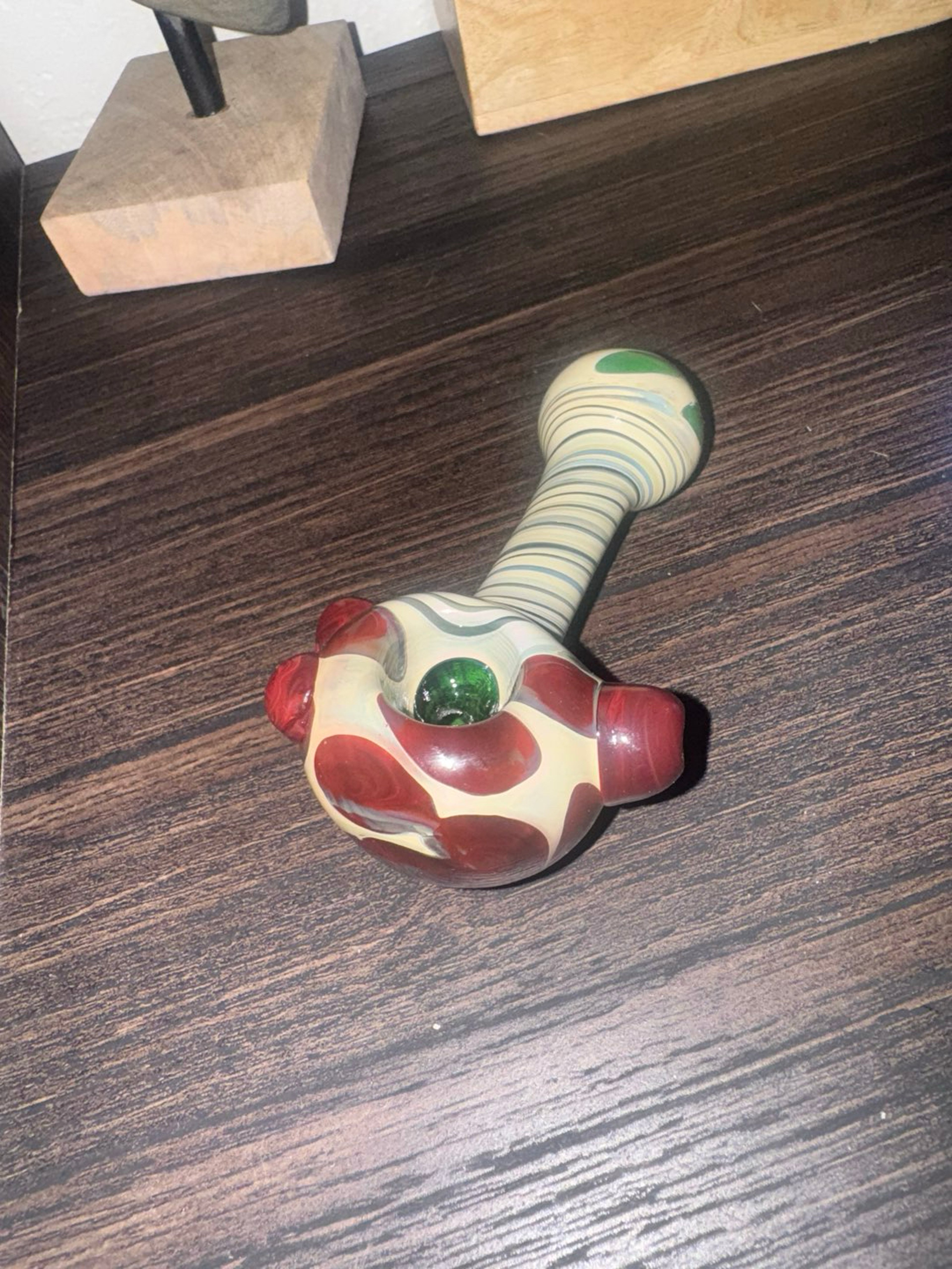 Preview pic of Large Hand-Blown Glass Spoon Pipe – Green & Red Bubble Design
