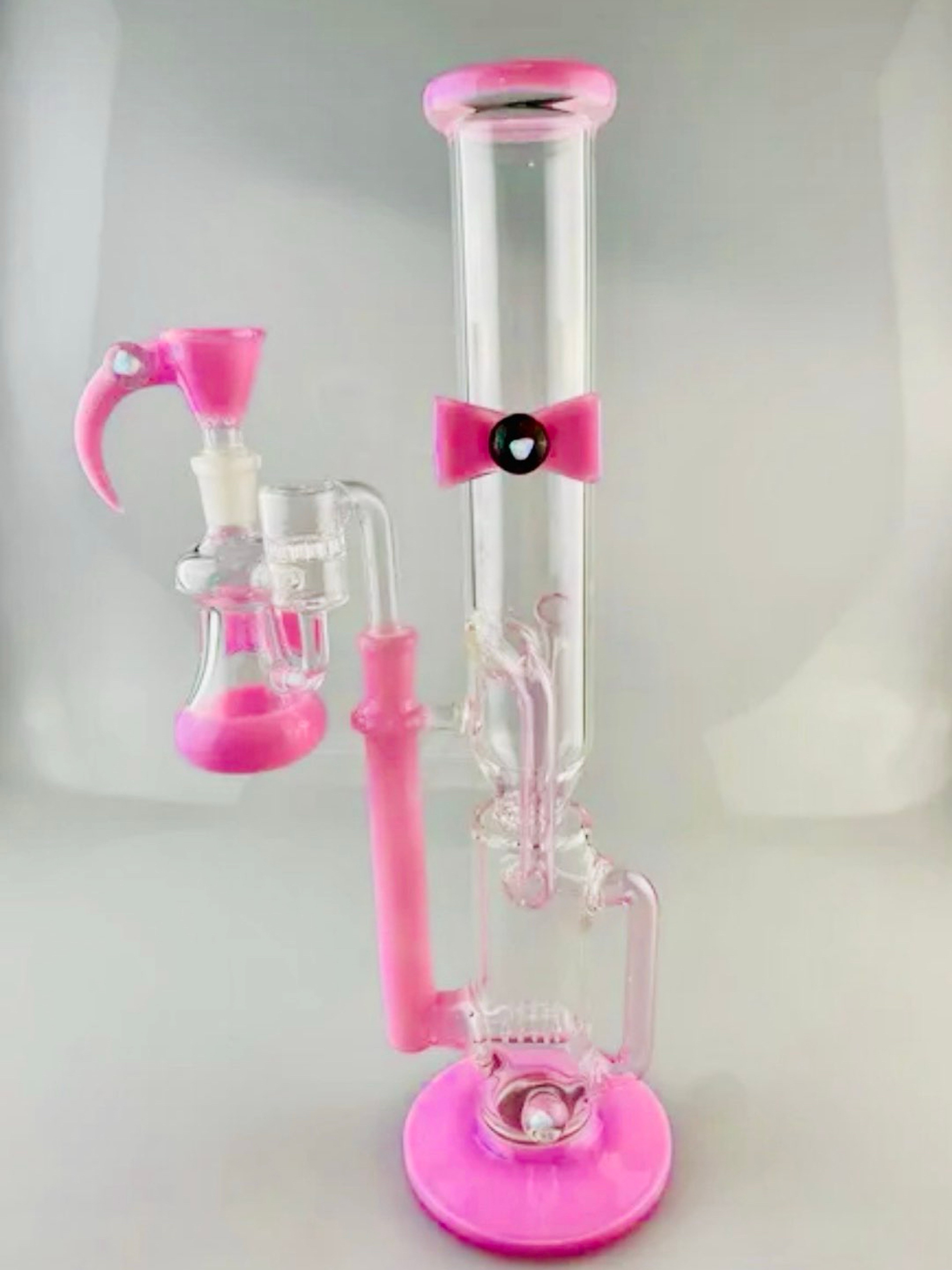 Pink Bow Custom Straight tube with matching ashcatcher & opal pink slide image 0