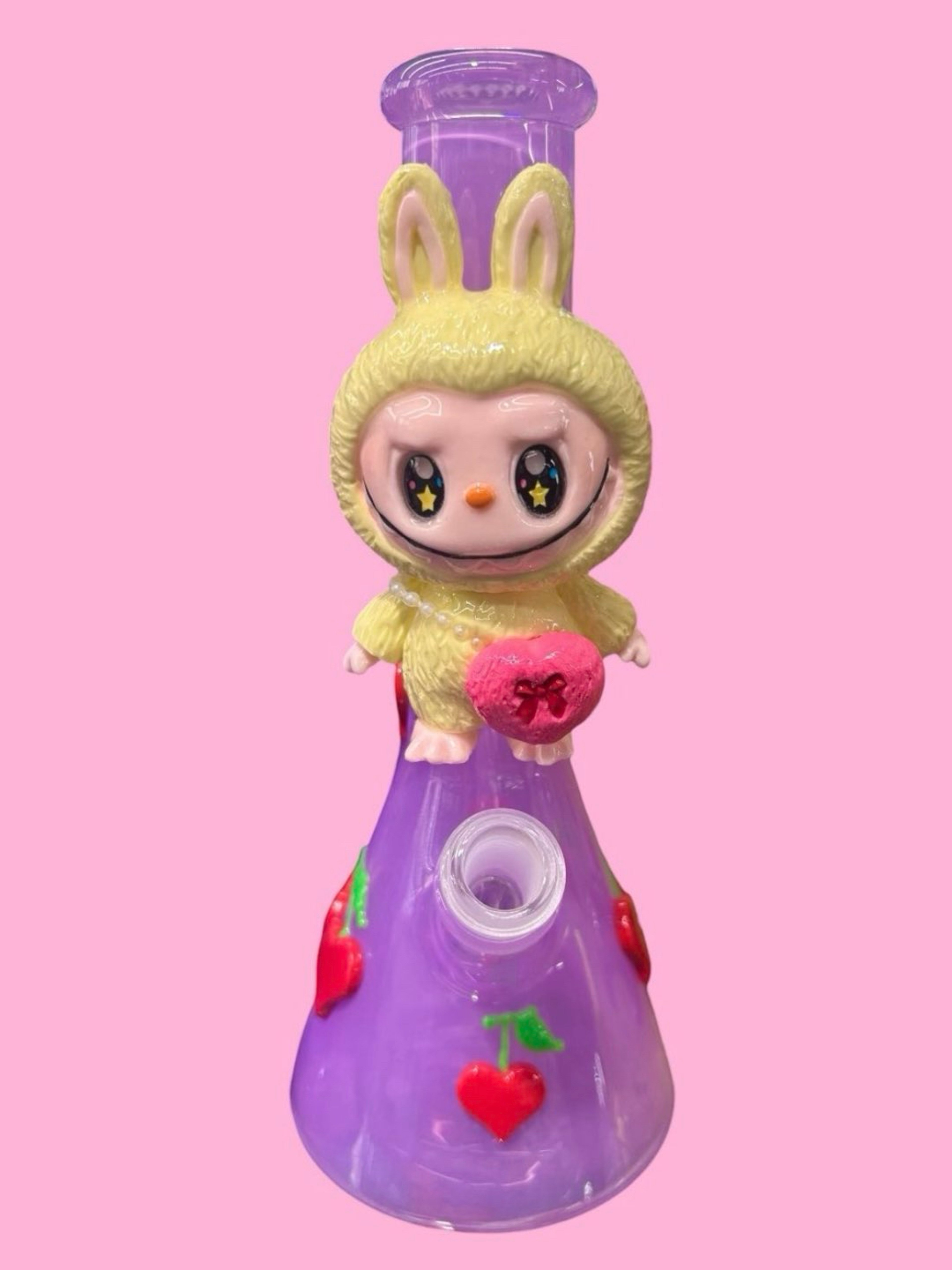 Preview pic of Style 3) Limited Edition Labubu Pastel Yellow Doll Collection Beaker Bong in Lavender 💜 w/ Red Cherries 🍒