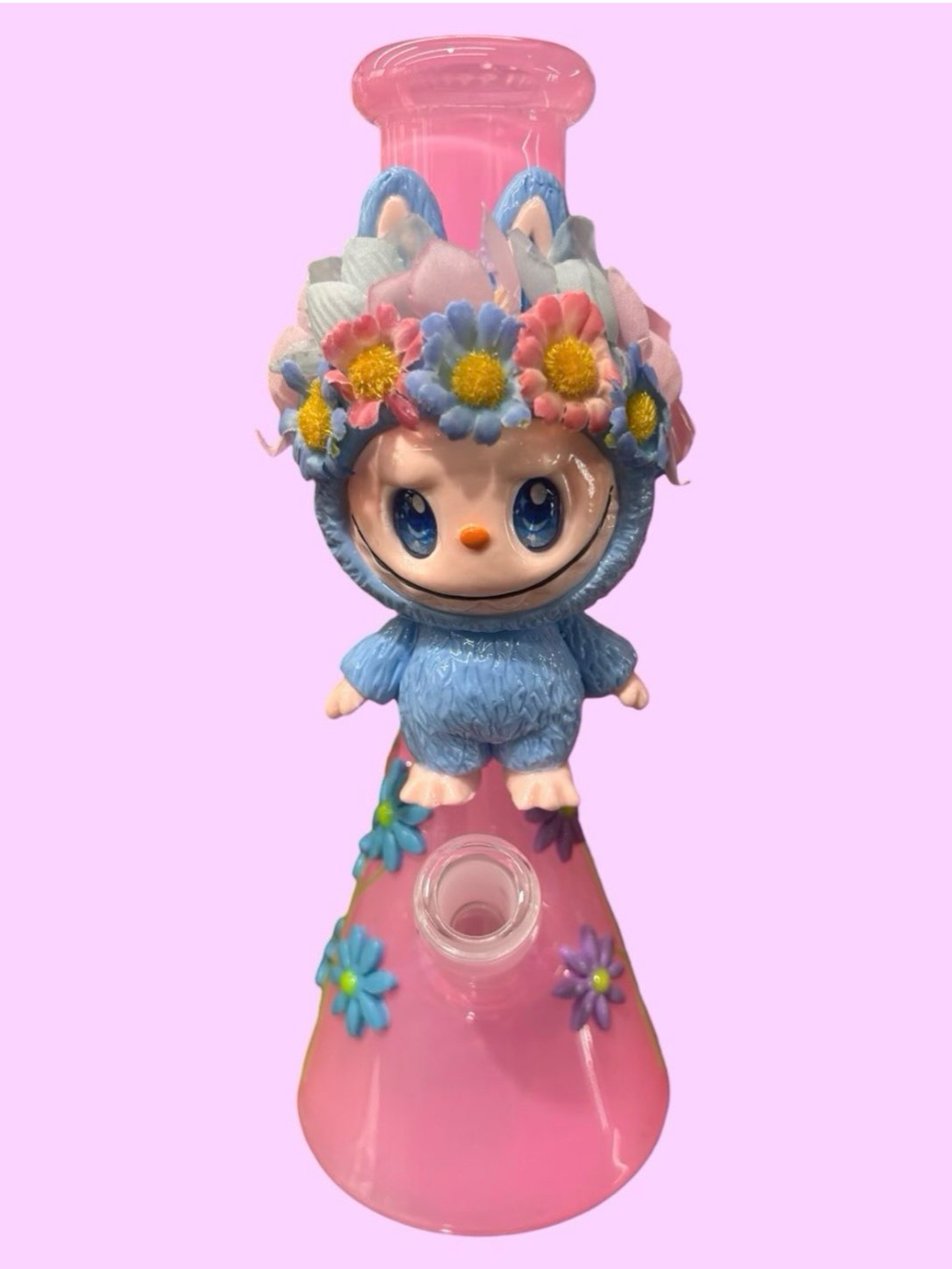 Preview pic of Style 2) Limited Edition Labubu Doll Bong Collection Beaker Bong in Pink 🌸 with Blue & Purple Flowers 🪻