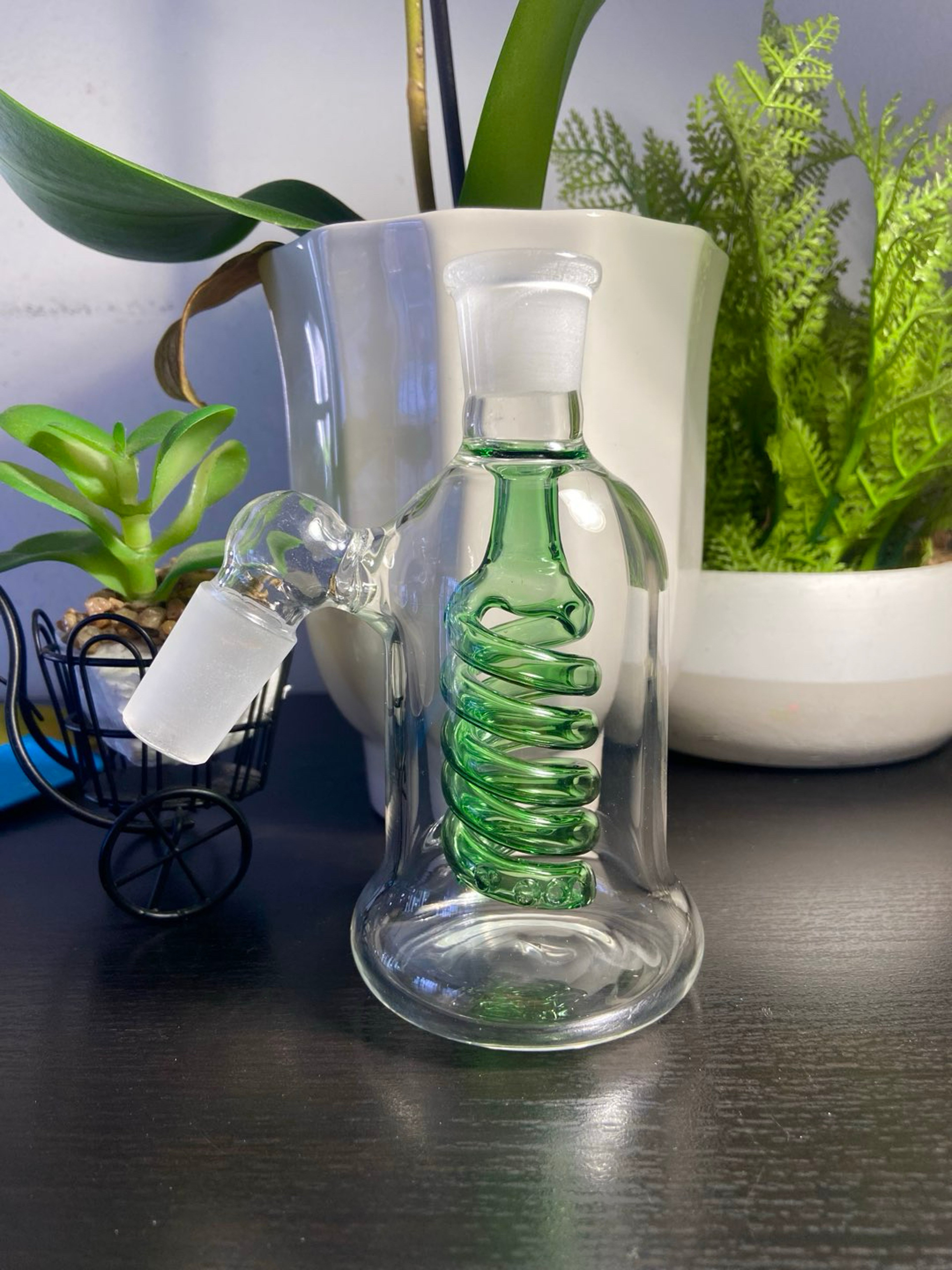 Preview pic of 18mm Spiral Green Glass Ash Catcher Water Pipe 45 Degree