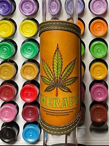 Preview pic of RipGrip – Handcrafted Hand-Painted Full-Grain Leather Wrap with Neon Accents for Plant Tokers’ Glass Piece