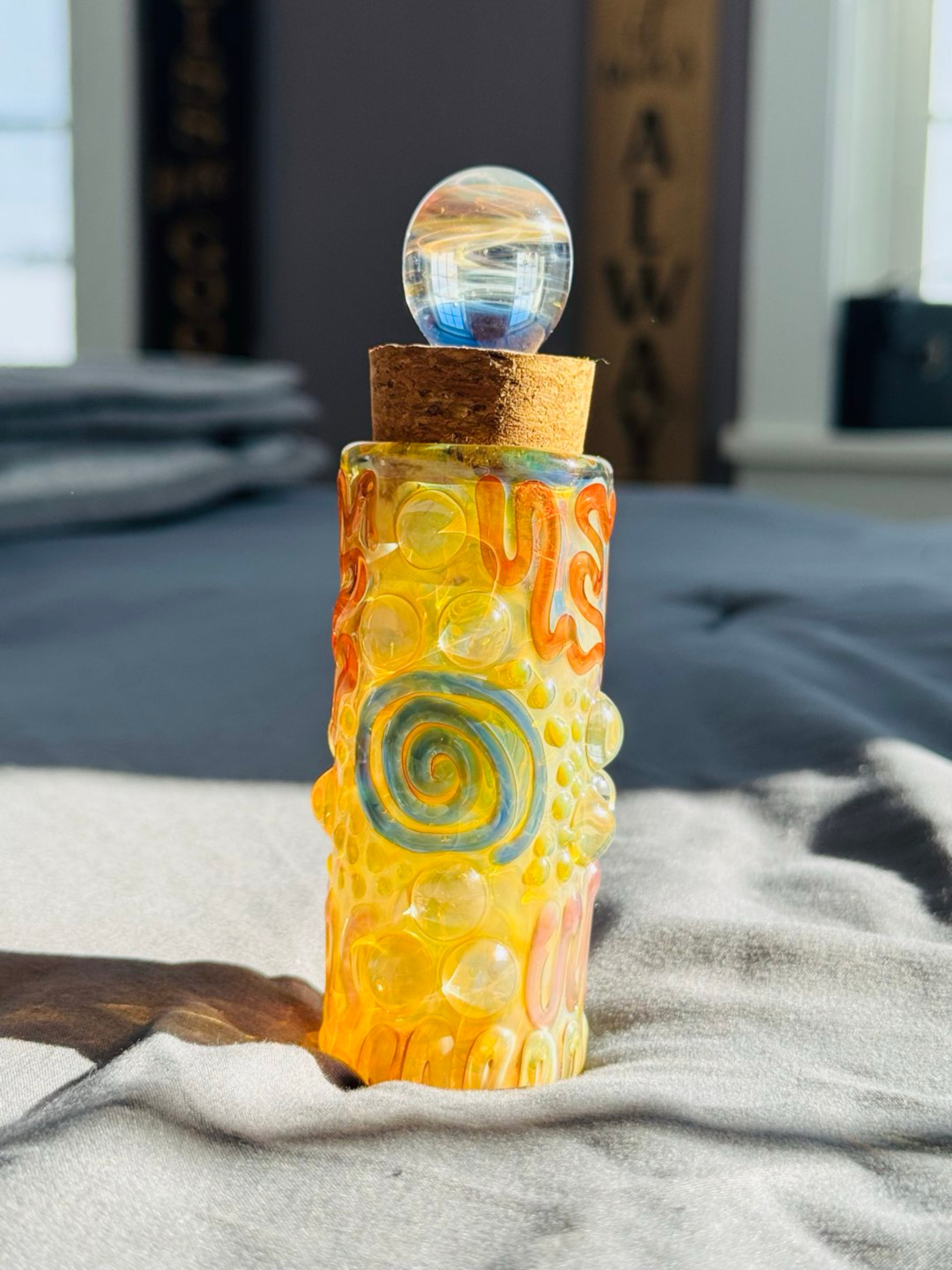 Preview pic of 🔥RARE🔥VORTEX MARBLE CORK TOP FULLY WORKED FUMED JAR SIGNED AND DATED !!