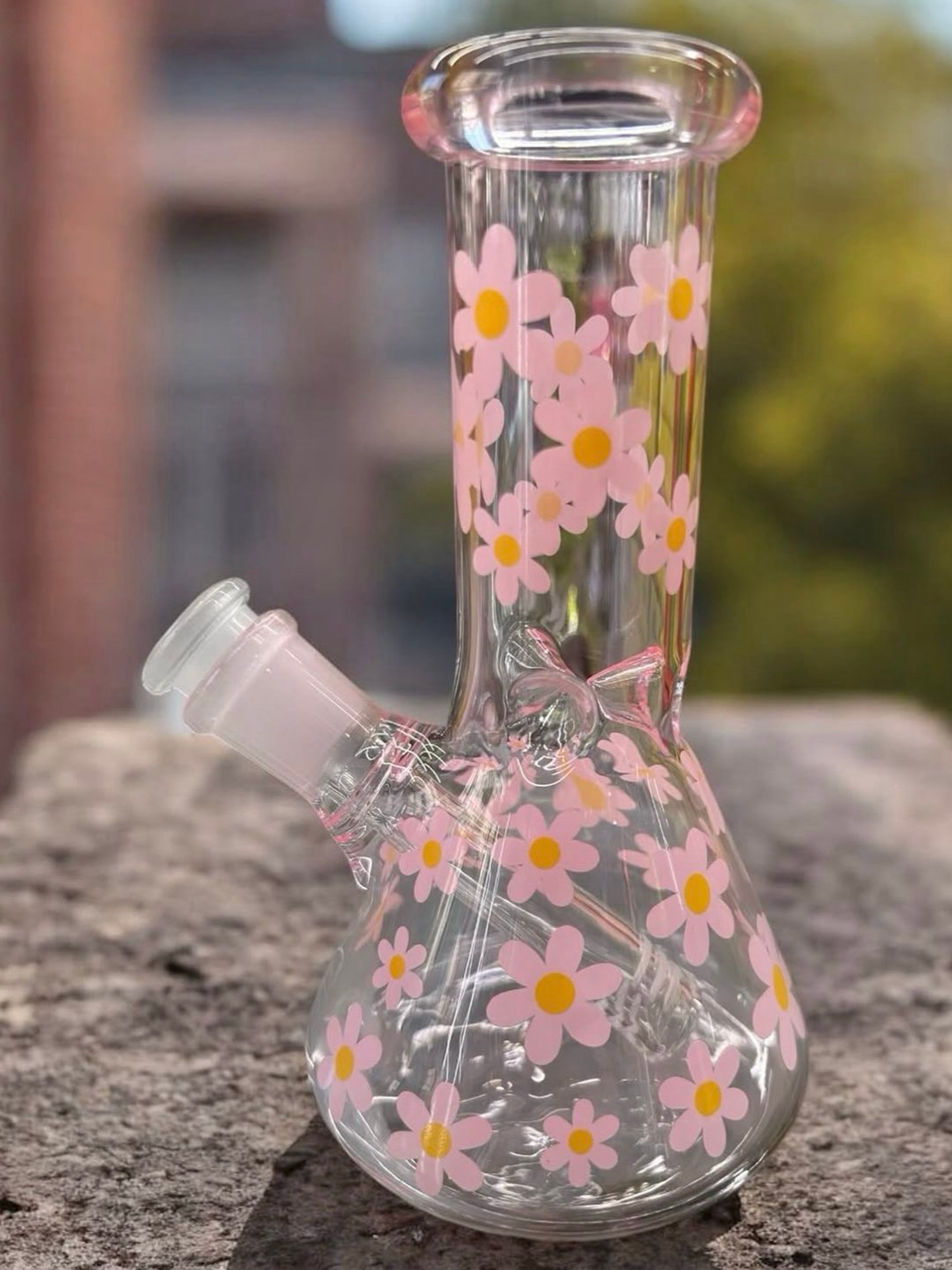 Preview pic of Mini 6” Clear Glass Beaker Bong w/ Pink Floral Pattern 🌸