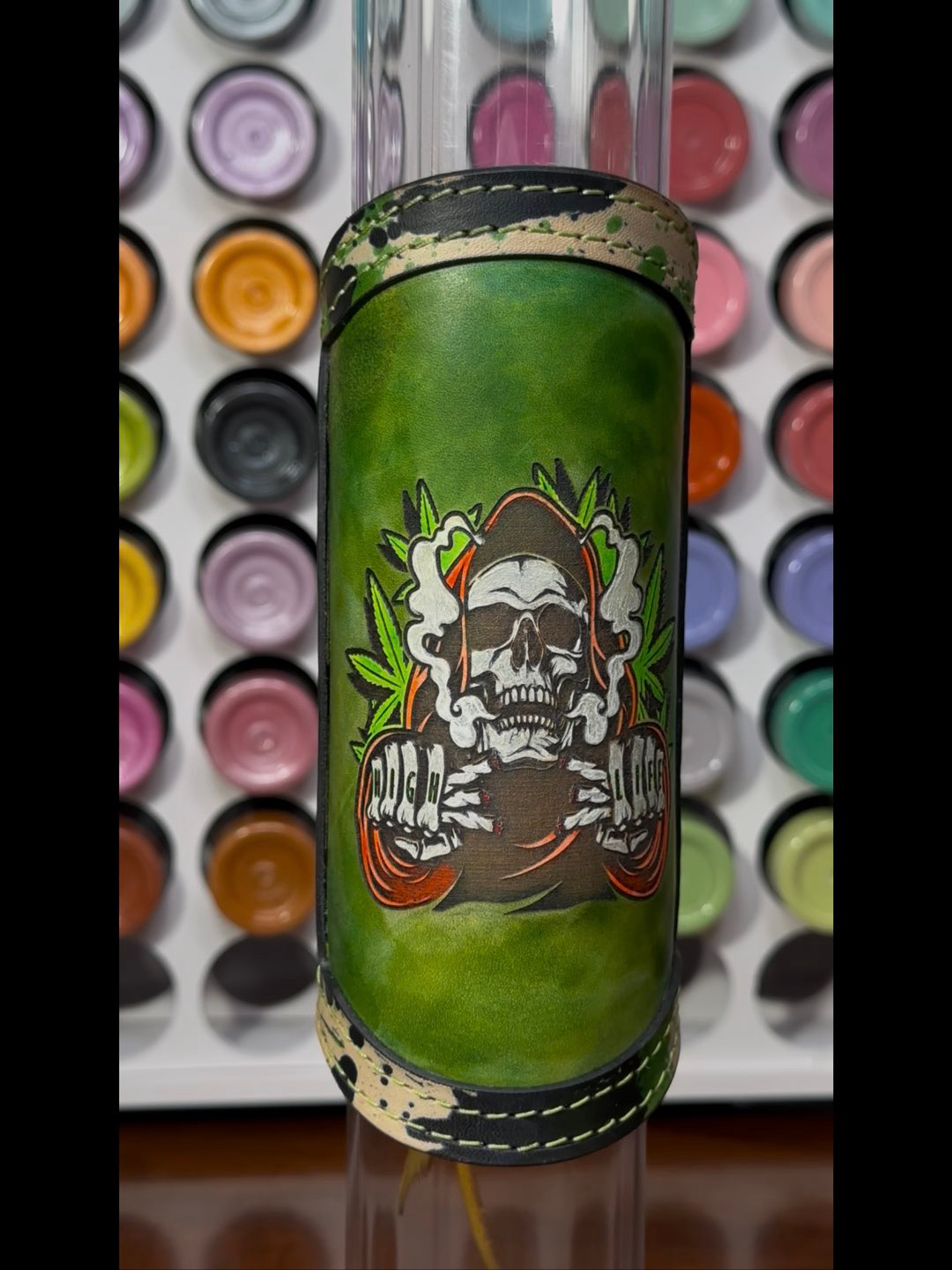 Preview pic of RipGrip 3-in-1 Glow – Hand-Painted Leather Wrap for Glass Piece (UV + Glow in Dark, Fits Most 12-15” Necks)