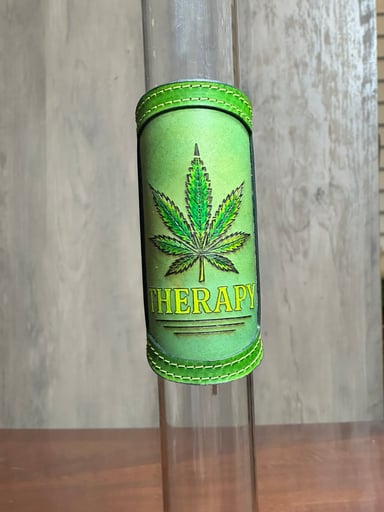 Preview pic of RipGrip 2-in-1 Glow – Hand-Painted Leather Wrap for Glass Piece (UV Reactive + Daylight Pop, Fits Most 12-15” Necks)