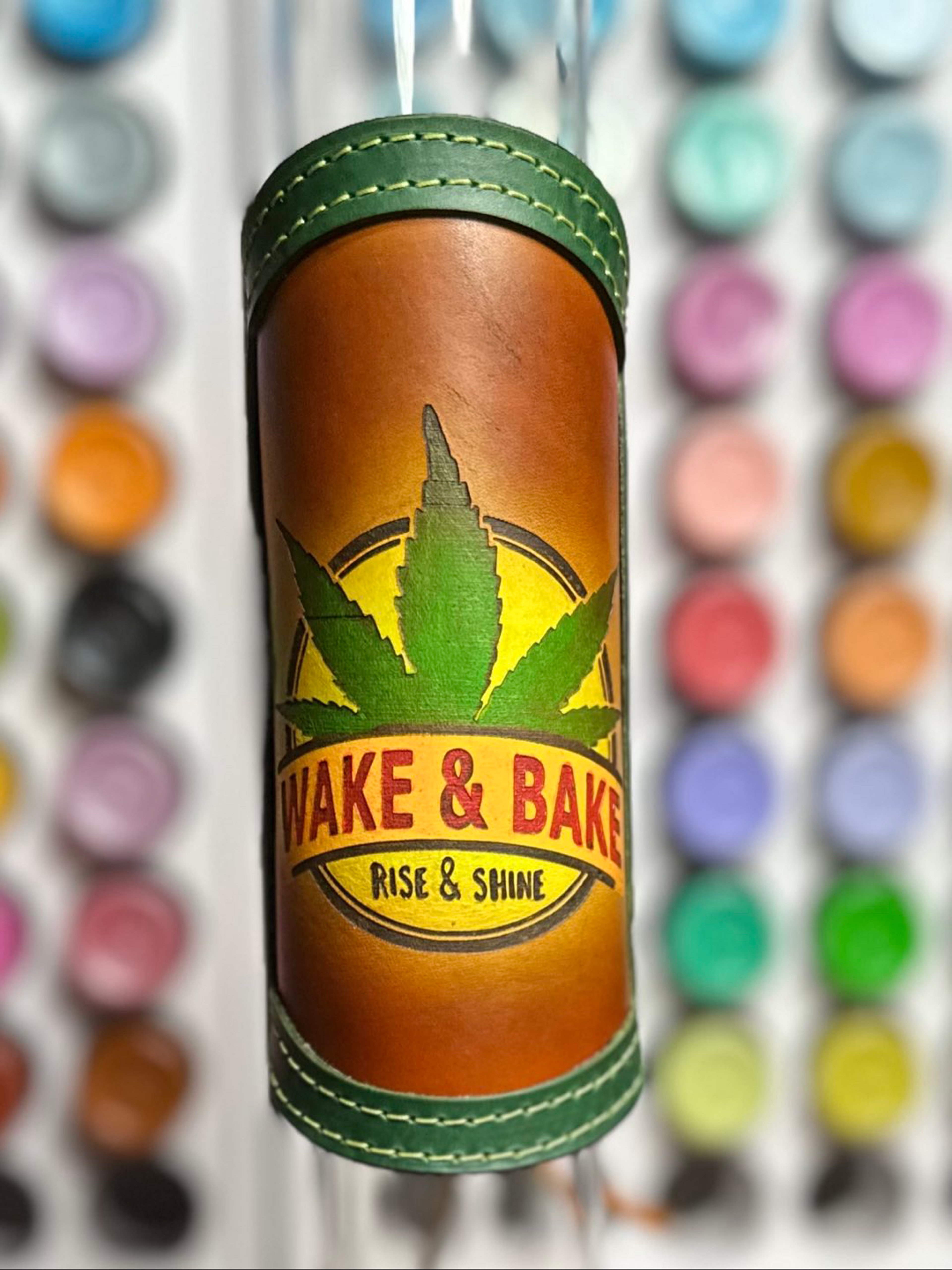 Preview pic of RipGrip 2-in-1 Glow – Hand-Painted Leather Wrap for Glass Piece (UV Reactive + Daylight Pop, Fits Most 12-15” Necks)