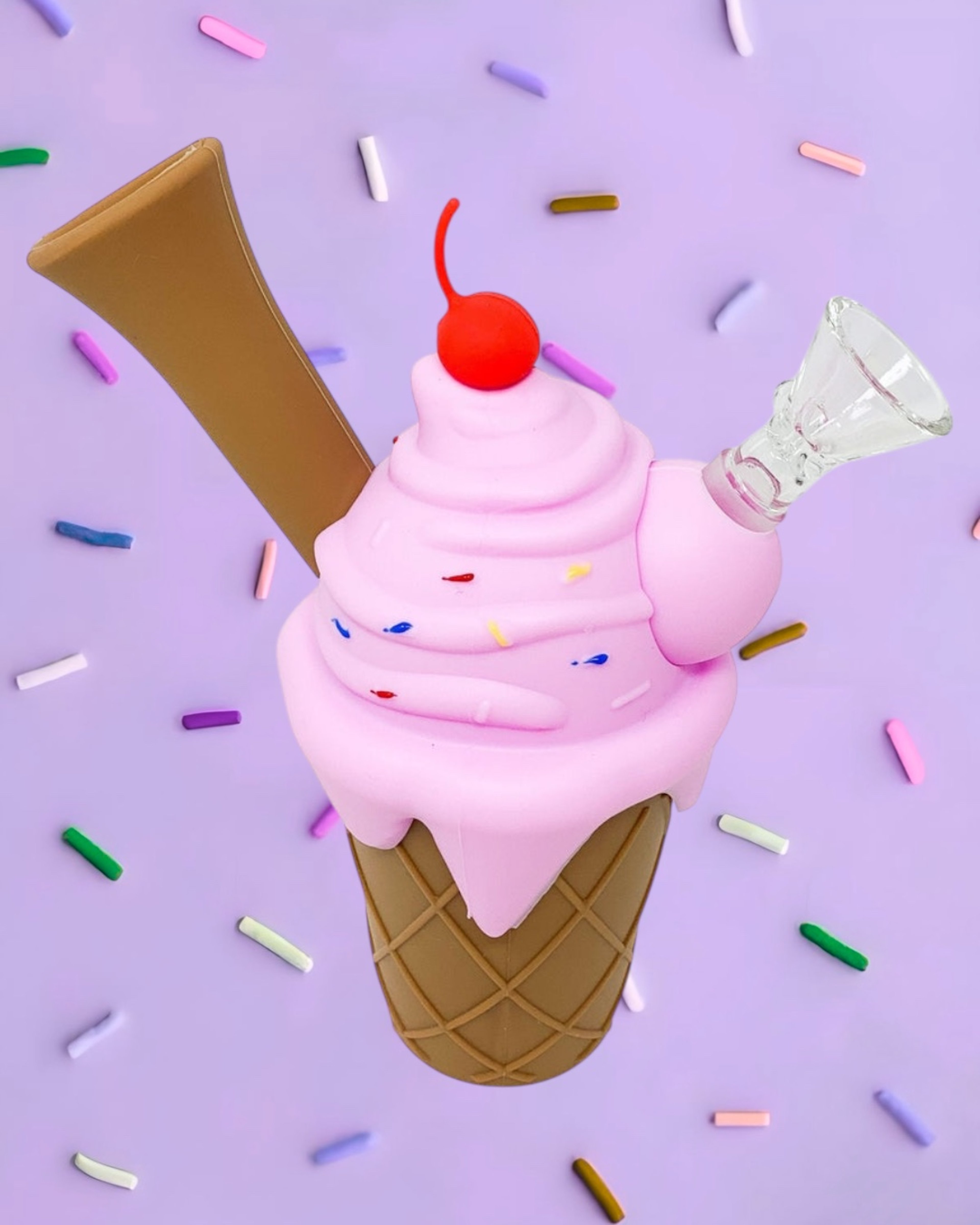 Preview pic of Cute 7” Silicone Ice Cream Cone Bubbler w/ 14mm Glass Slide in Light Pink