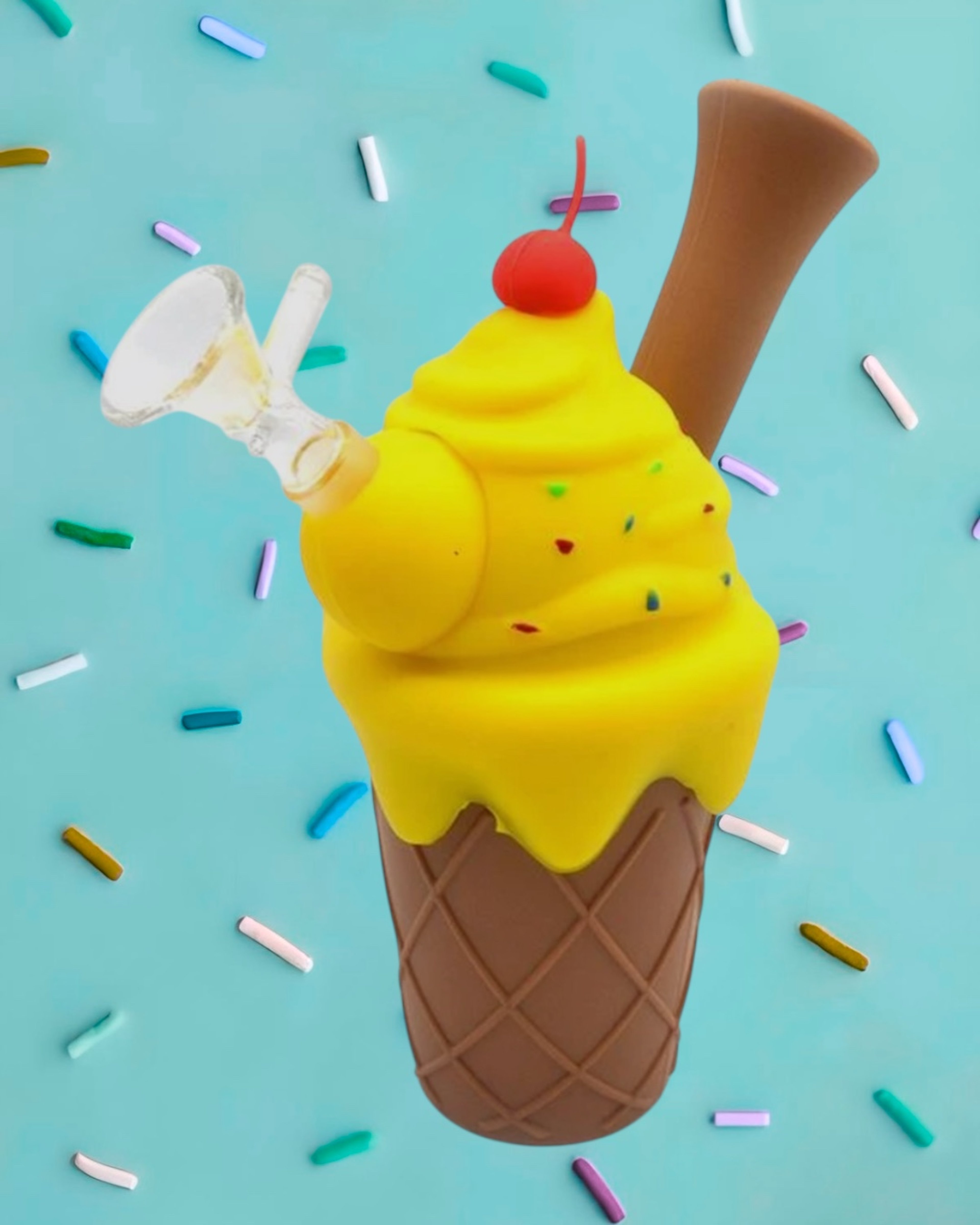 Preview pic of Cute 7” Silicone Ice Cream Cone Bubbler w/ 14mm Glass Slide in Yellow