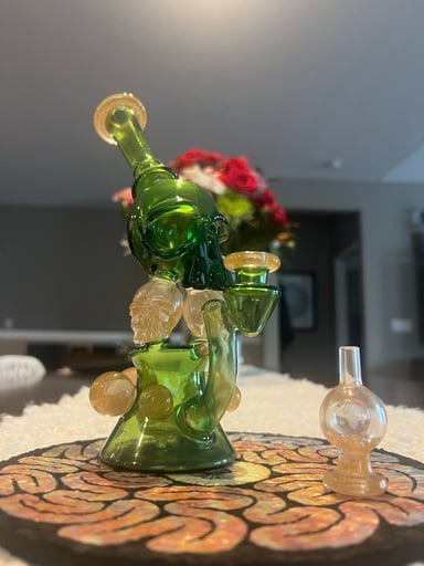 Preview pic of Weil Glass Catacomb in Portland Green&Peach w/ Soup glass  cap in Peach